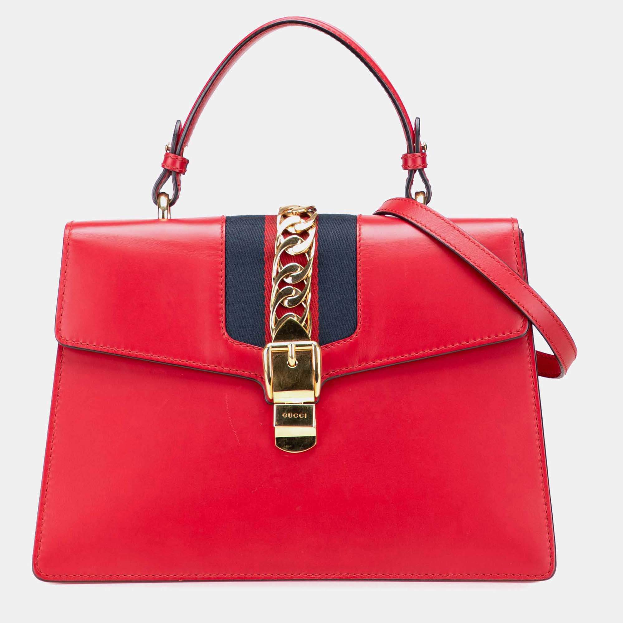 Pre Owned Gucci Red Medium Leather Sylvie Top Handle Bag