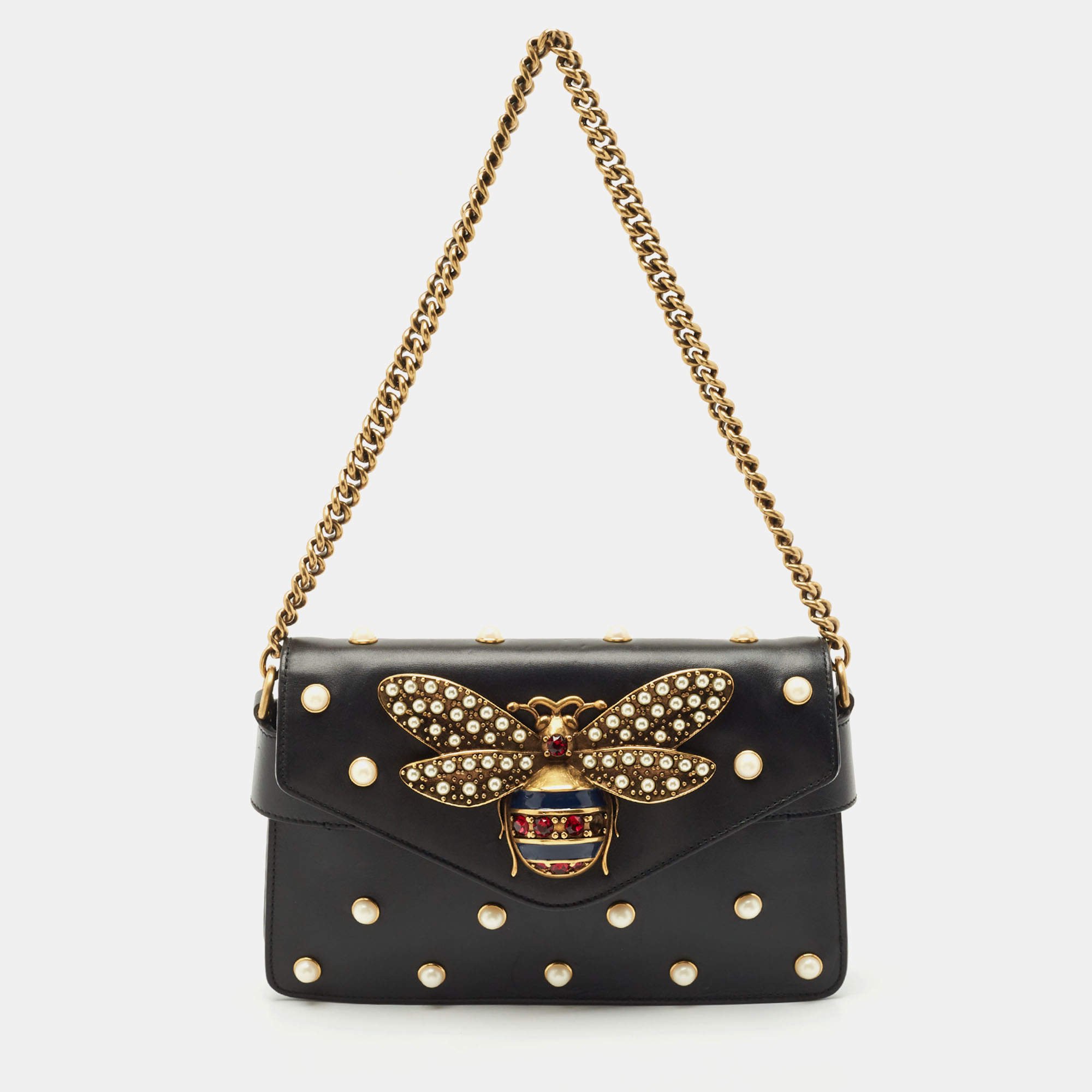 Pre Owned Gucci Black Leather Mini Pearl Studded Queen Margaret Broadway Shoulder Bag 