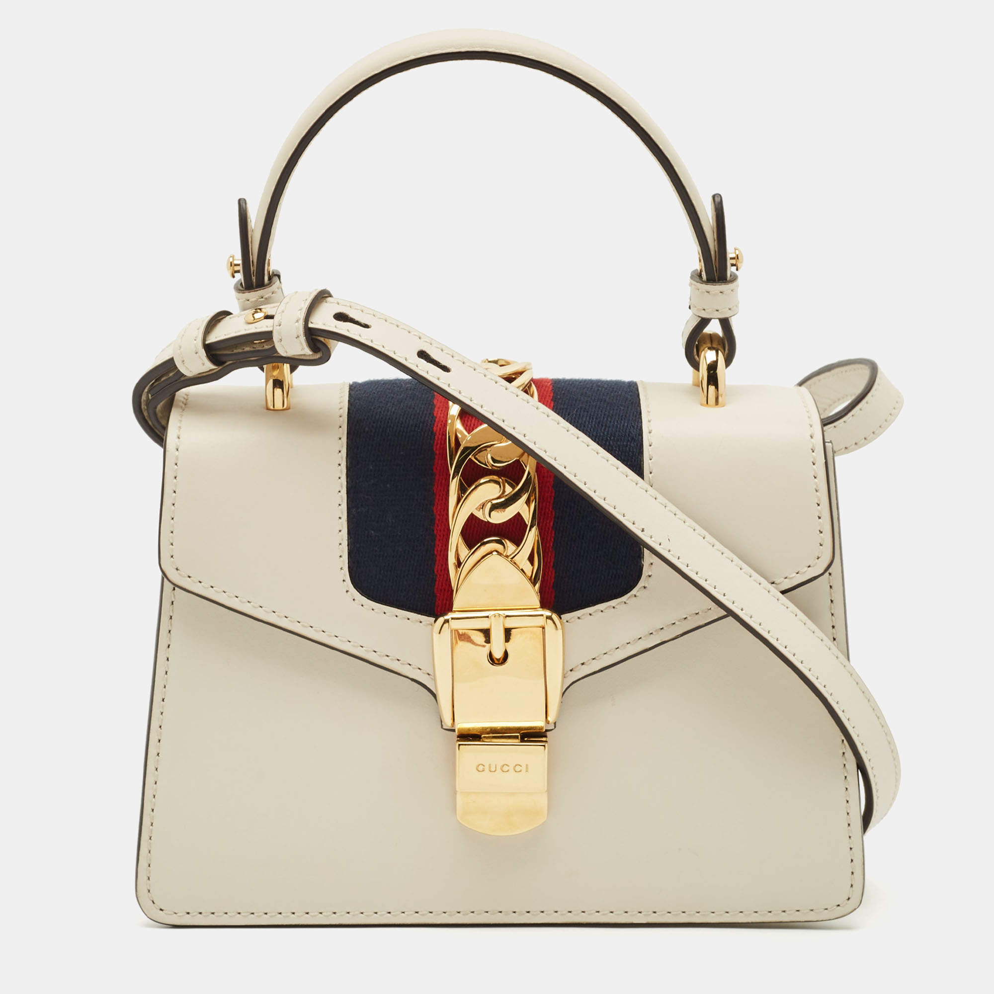 Pre Owned Gucci Off White Leather Mini Web Sylvie Top Handle Bag