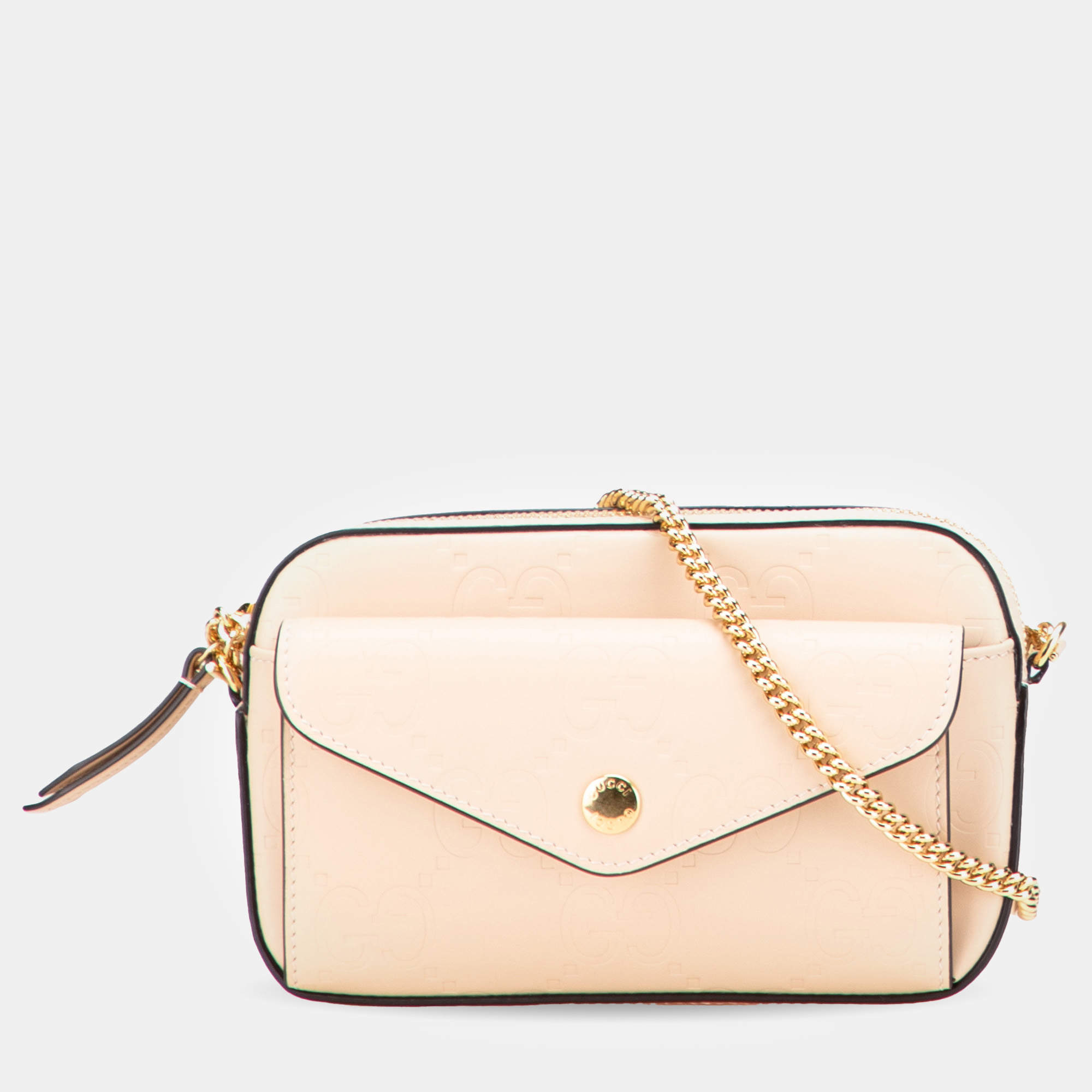 Pre Owned Gucci Beige Super Mini GG Debossed Calf Chain Wallet