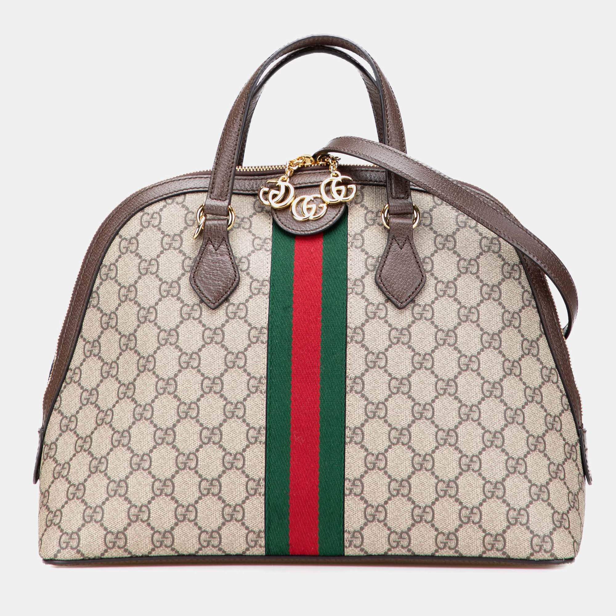 Pre Owned Gucci Brown Medium GG Supreme Ophidia Web Satchel