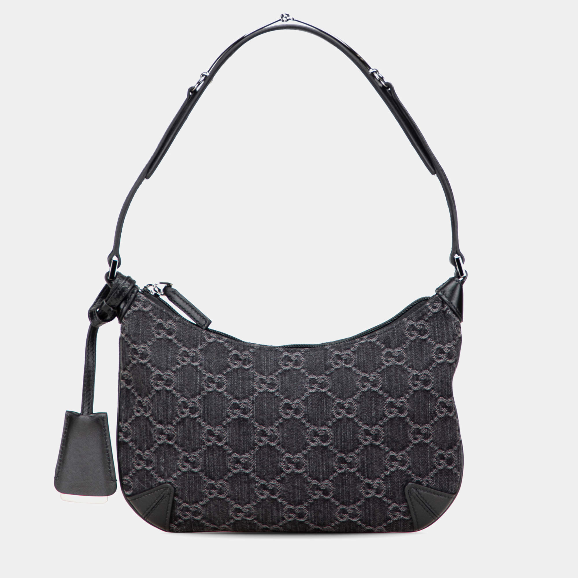 Pre Owned Gucci Black Small GG Denim Horsebit Slim Hobo