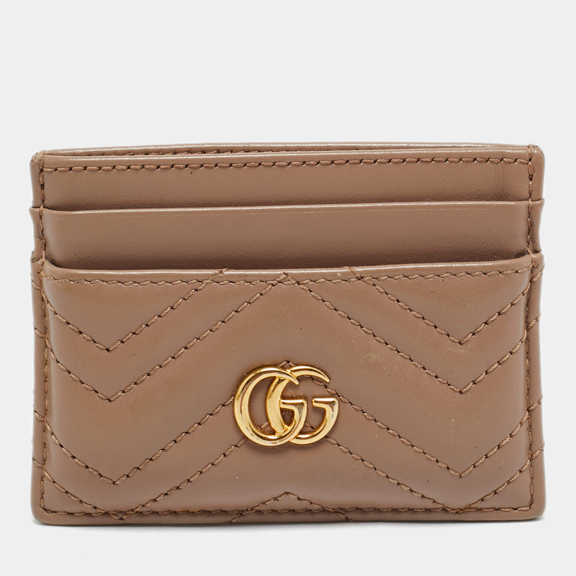 Pre Owned Gucci Dusty Pink Matelassé Leather GG Marmont Card Holder