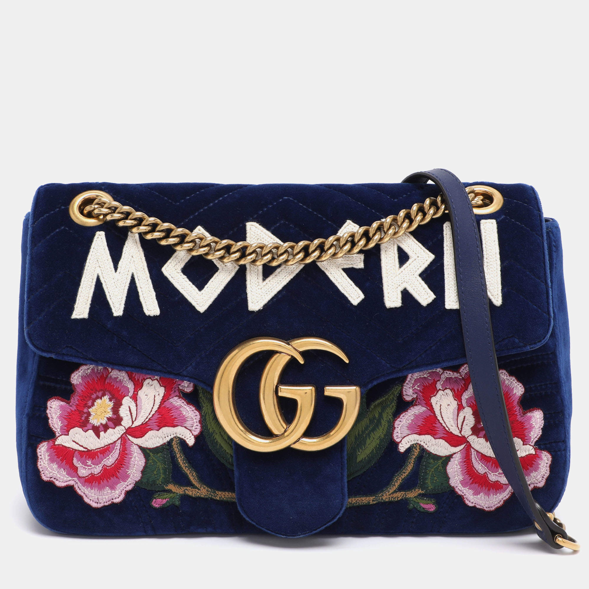 Pre Owned حقيبة كتف غوتشي مارمونت جي جي مطرزة مودرن زهور قطيفة ماتيلاس أزرق 