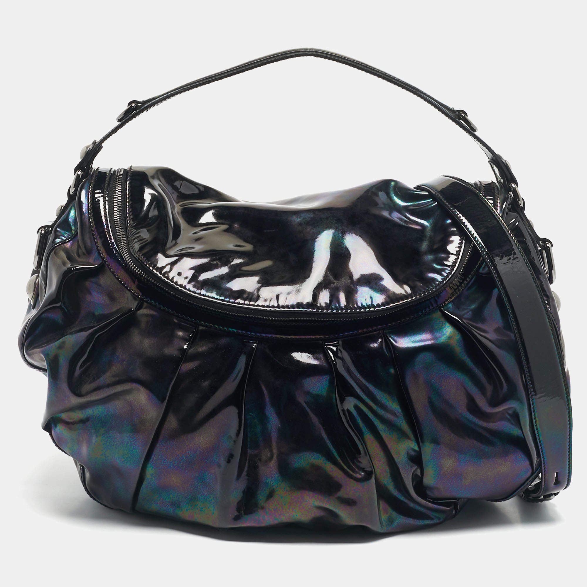 Pre Owned Gucci Black Holographic Effect Patent Leather Icon Bit Hobo