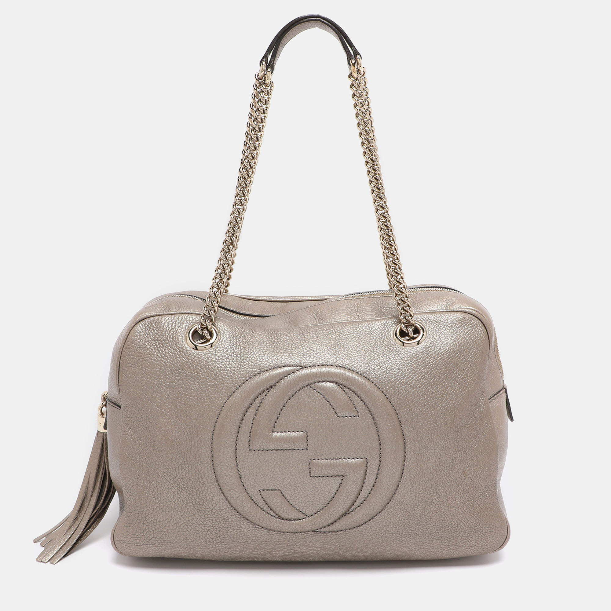 Pre Owned Gucci Metallic Beige Leather Large Soho Chain Bag