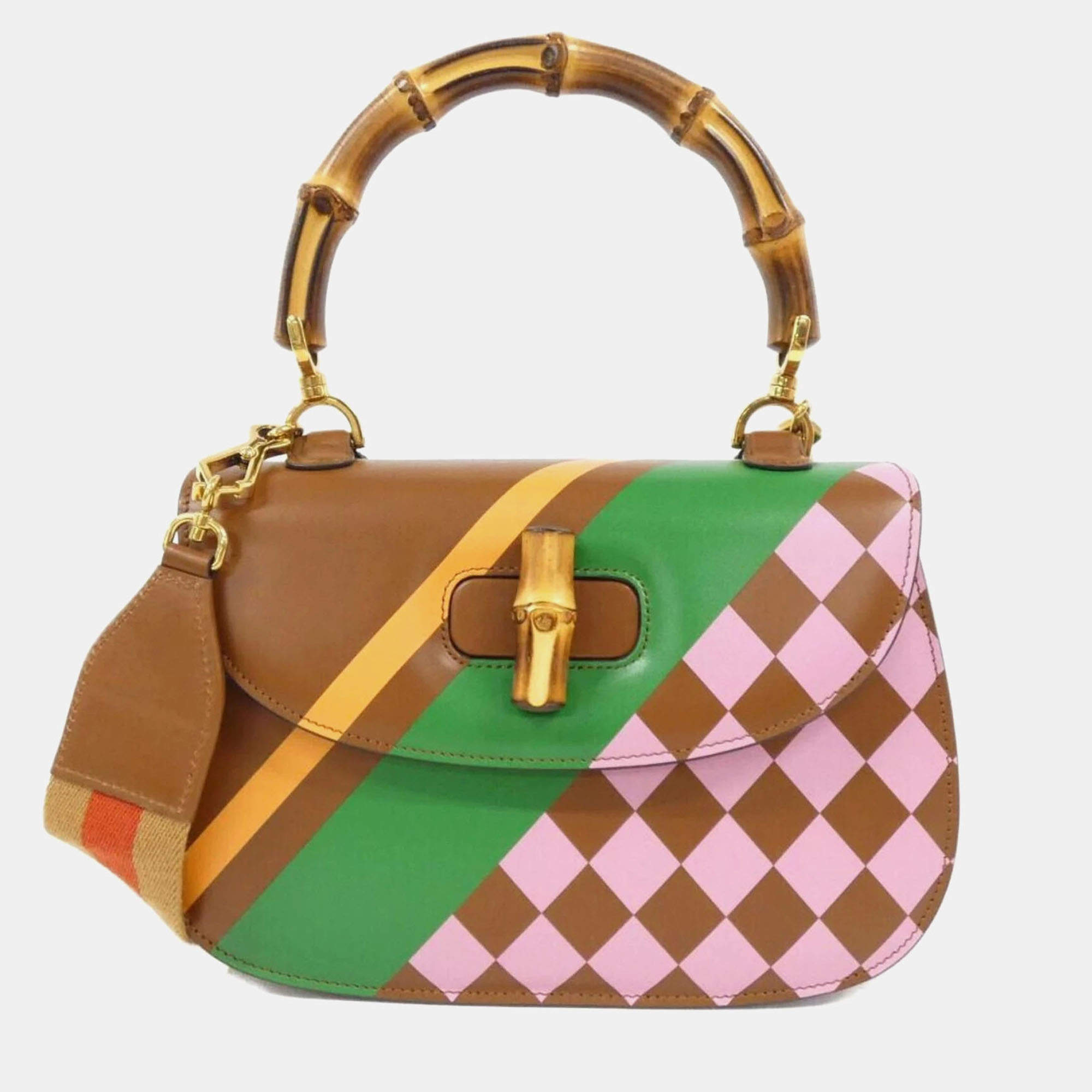 Pre Owned Gucci Bamboo 1947 Limited Edition Geometric Print Leather Medium Top Handle Bag