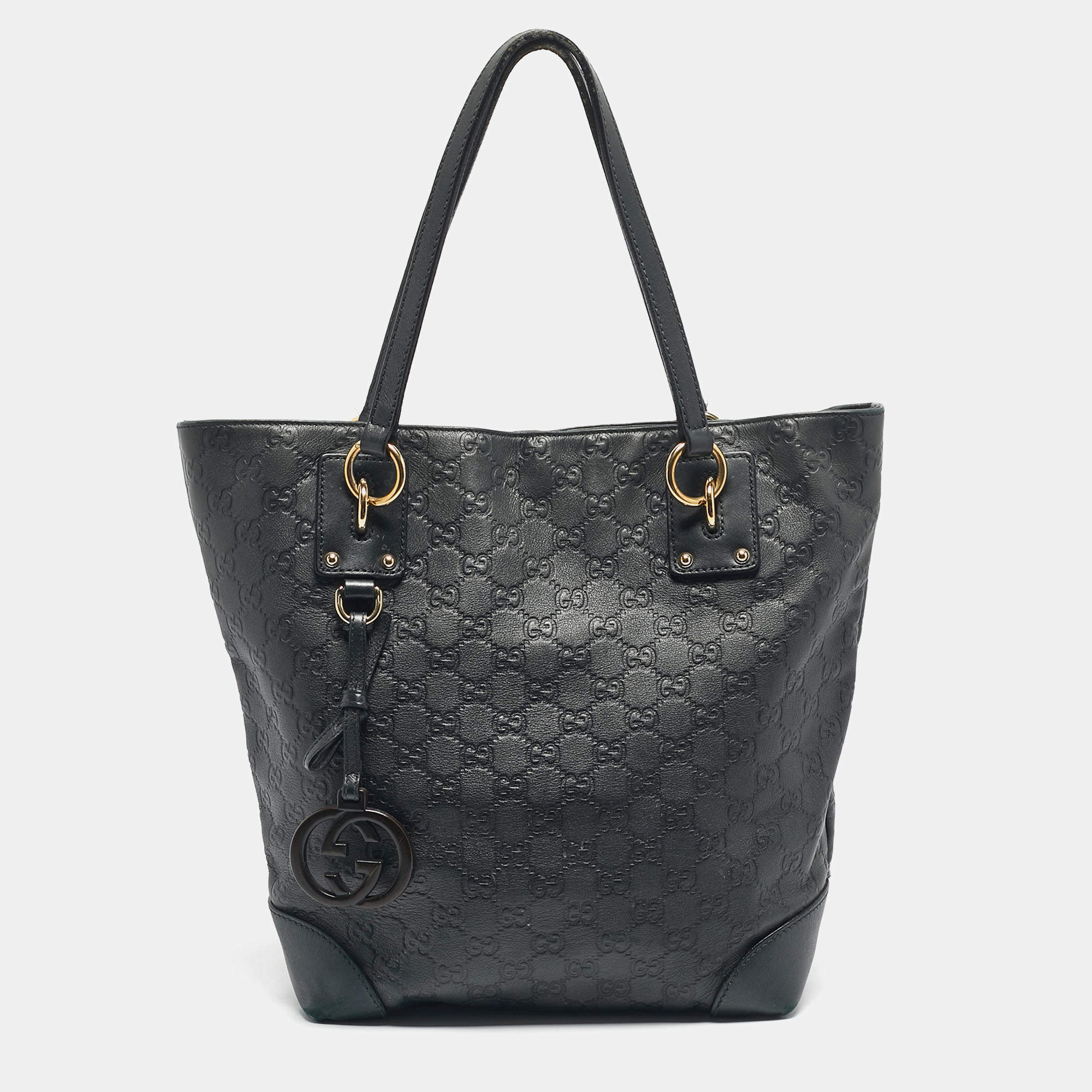 Pre Owned Gucci Black Guccissima Leather Charm Tote
