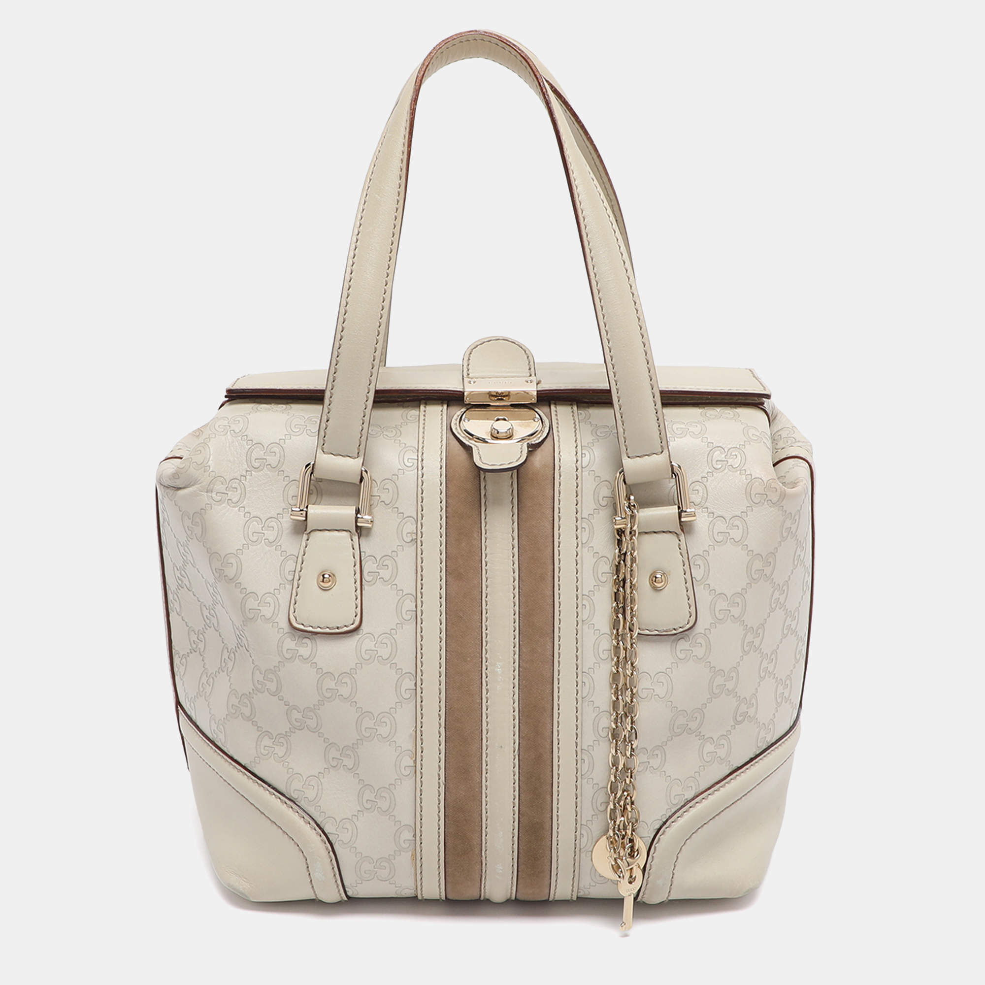 Pre Owned حقيبة غوتشي Treasure Boston صغيرة جلد وكانفاس هورسبيت بنية/ بيج