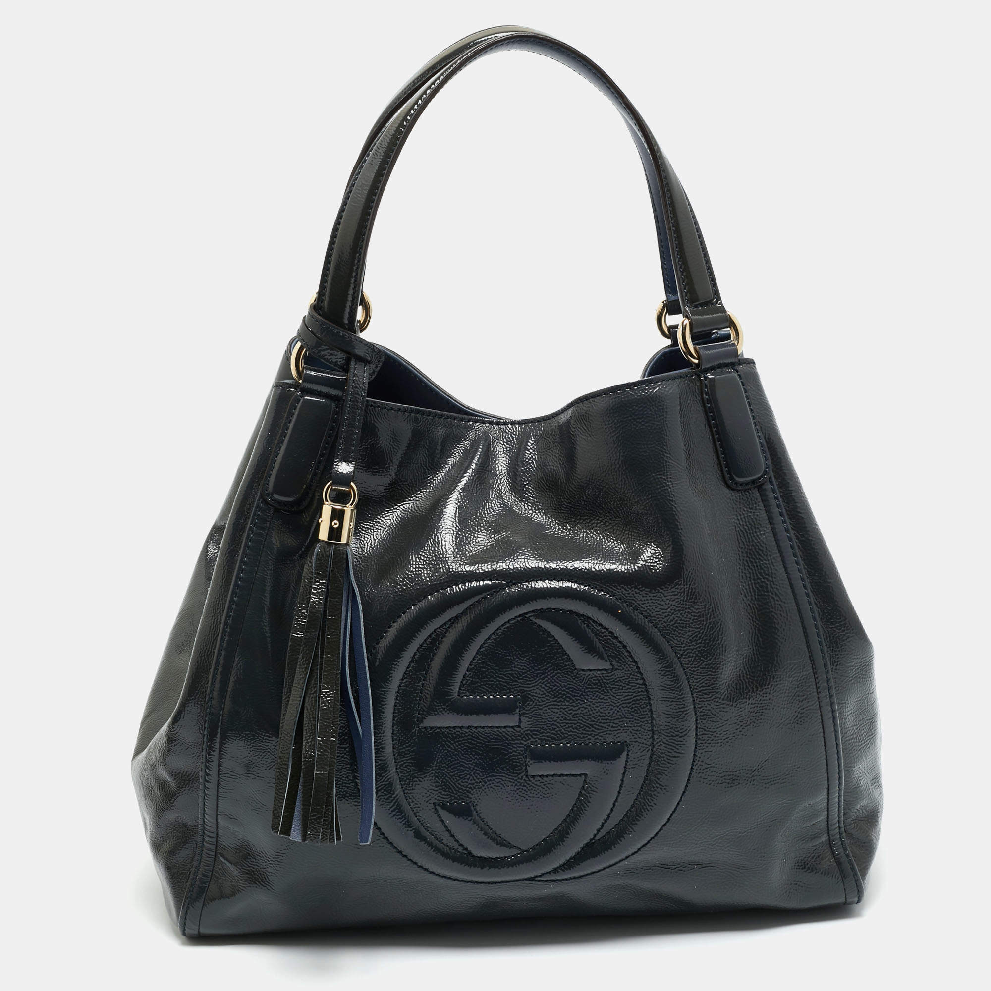 Pre Owned Gucci Dark Grey Patent Leather Medium Soho Tote