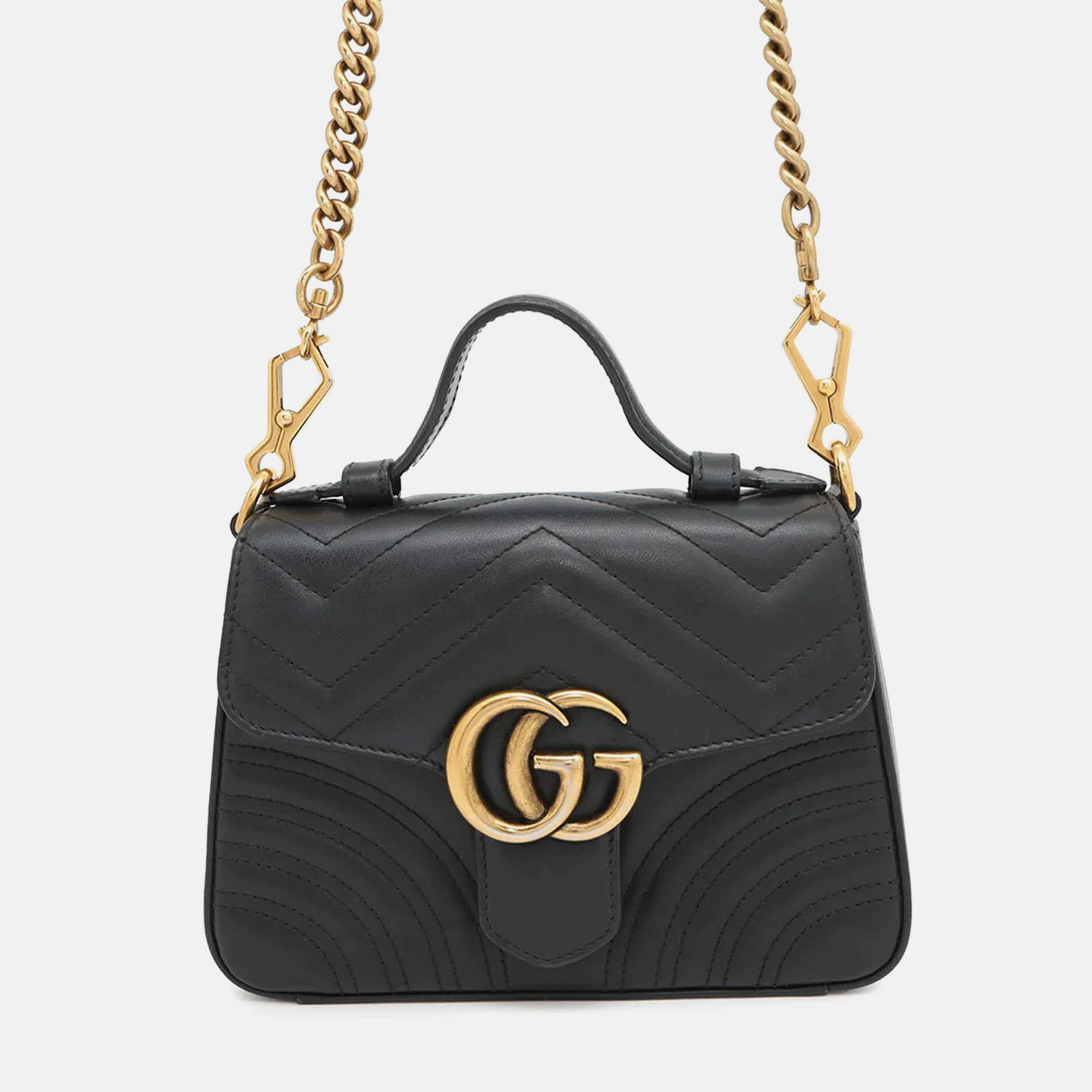 Pre Owned Gucci Gg Marmont Top Handle Bag Black Leather Size Small
