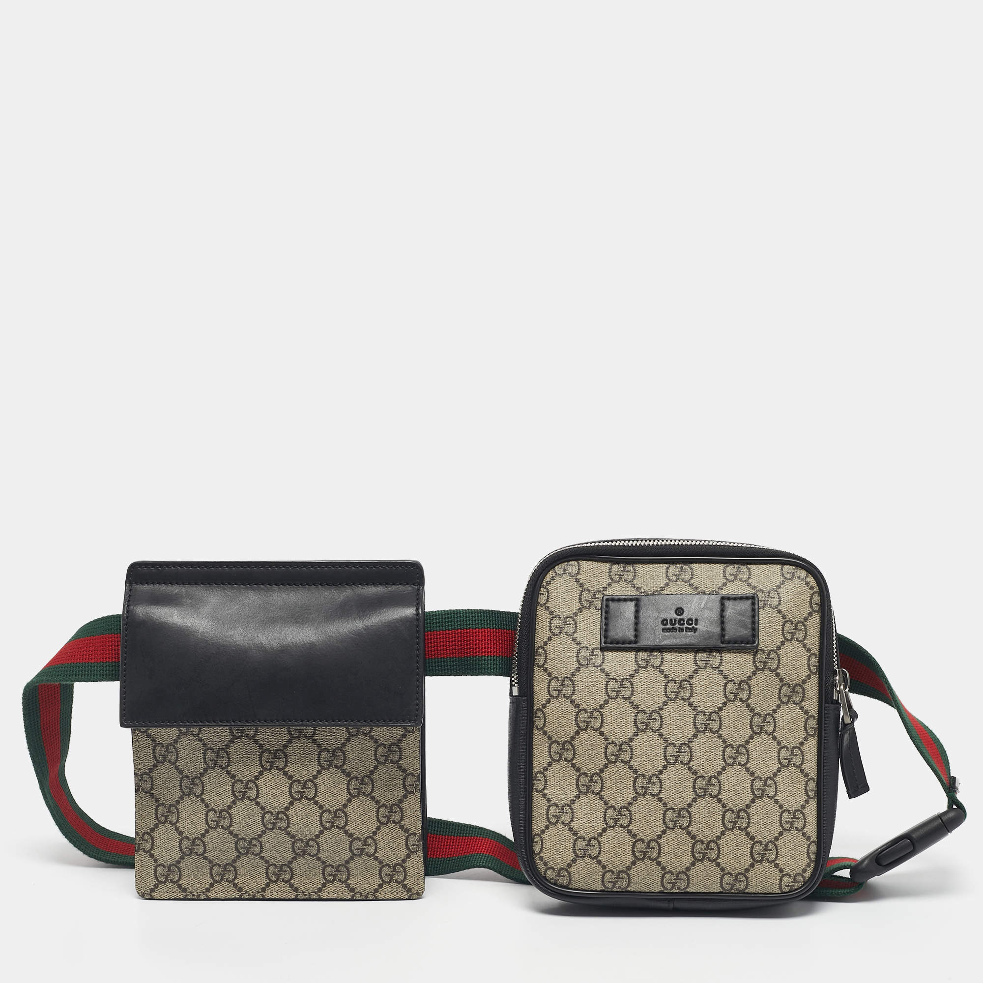 Pre Owned Gucci Beige/Black GG Supreme Canvas and Leather Web Belt Bag