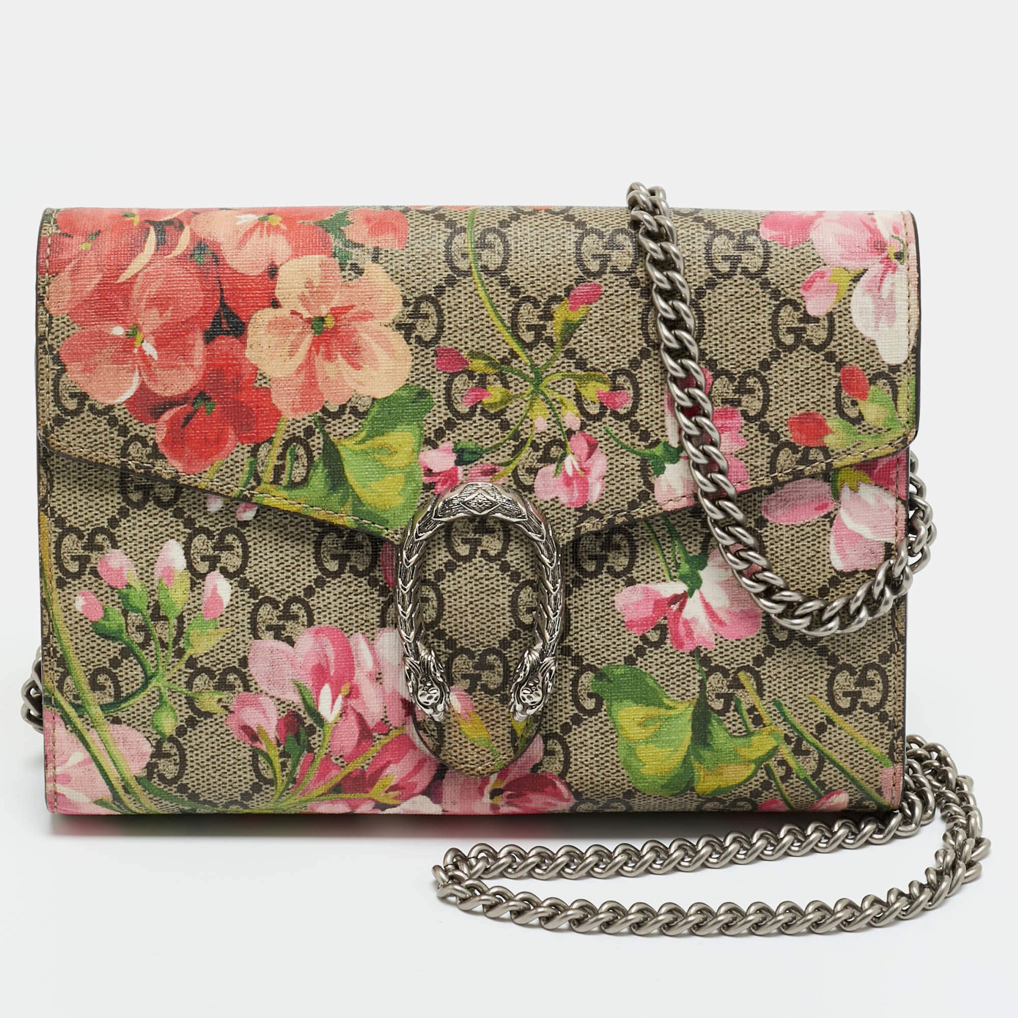 Pre Owned Gucci Beige/Mauve GG Supreme Canvas Blooms Dionysus Wallet on Chain