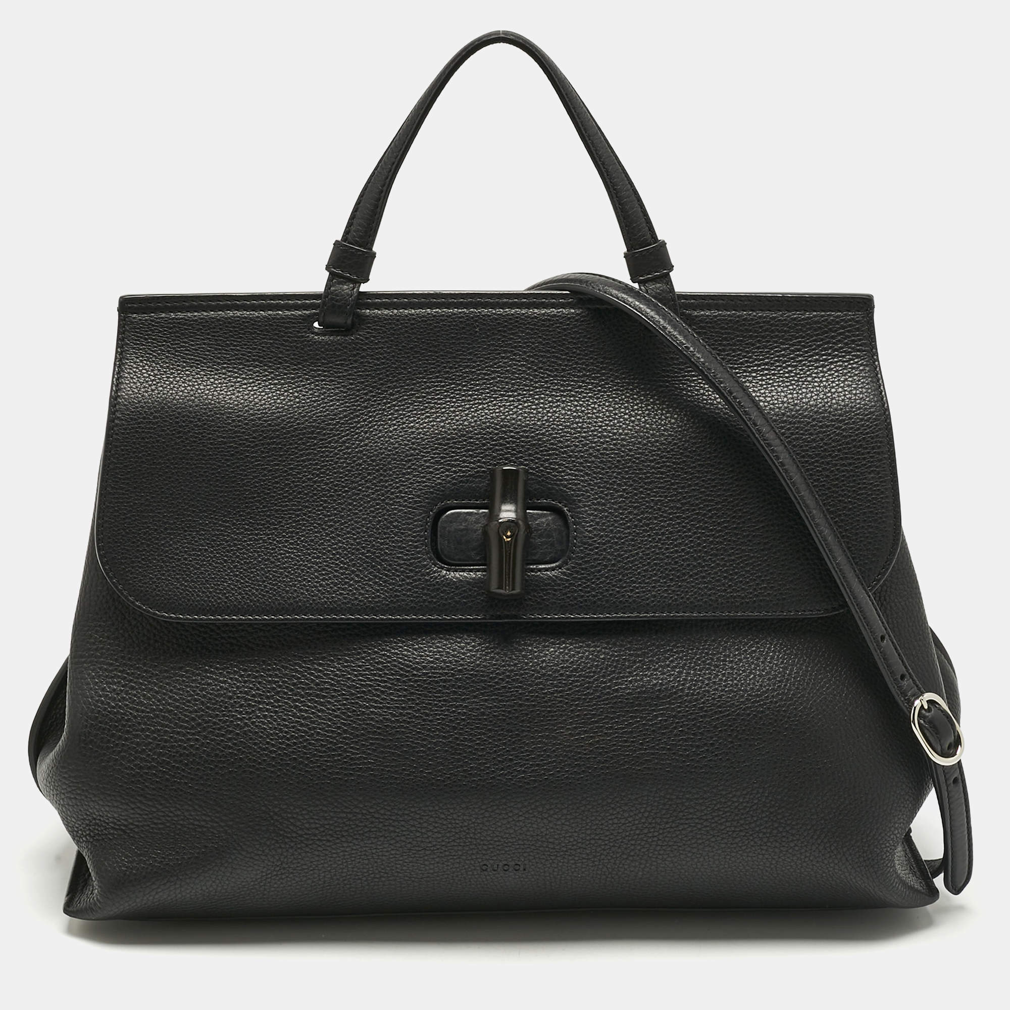 Pre Owned Gucci Black Leather Large Bamboo Daily Top Handle Bag