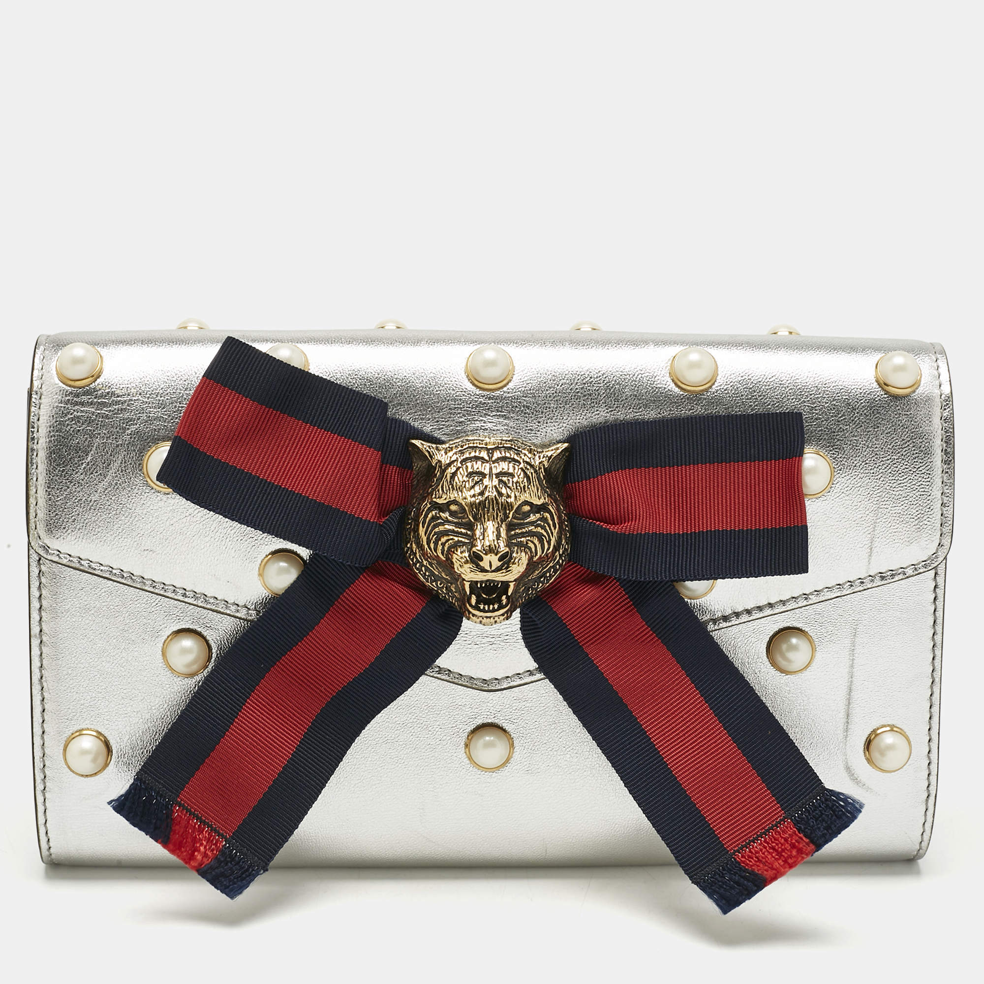 Pre Owned Gucci Silver Leather Animalier Broadway Clutch