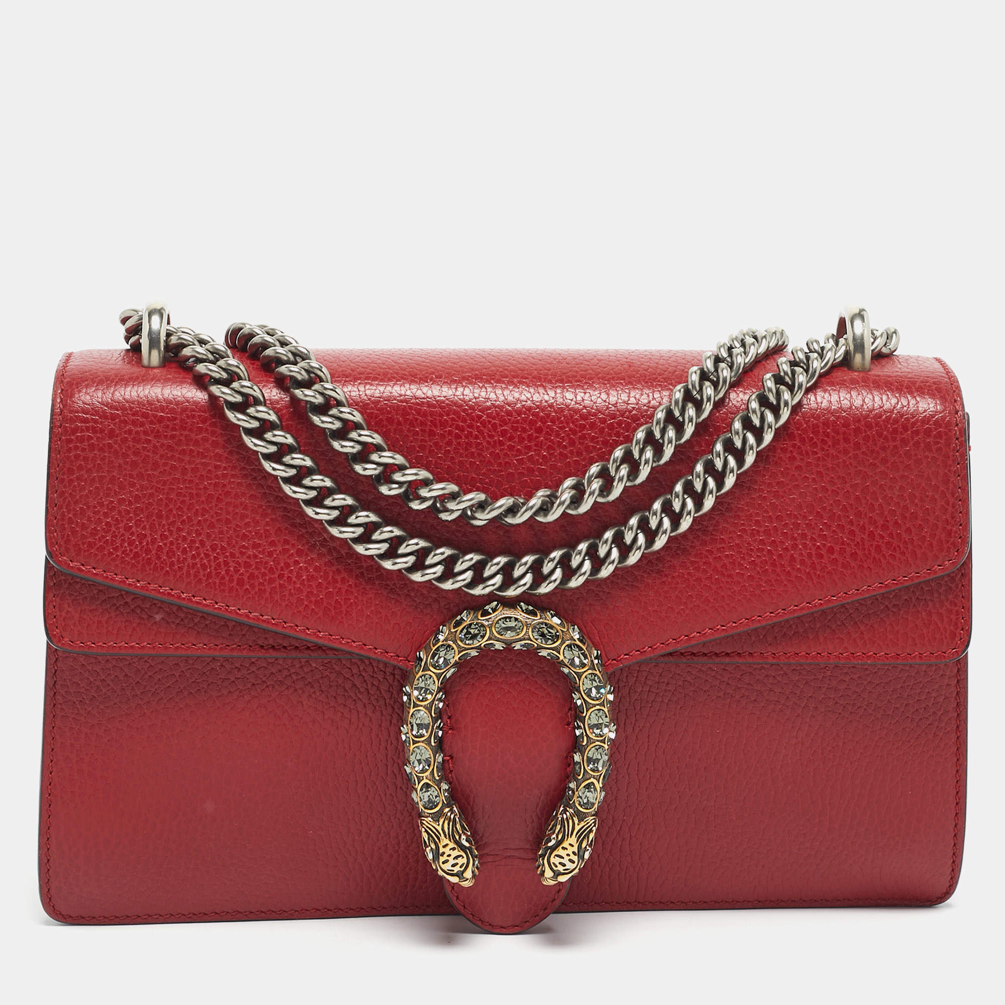 Pre Owned Gucci Red Leather Small Dionysus Crystals Shoulder Bag