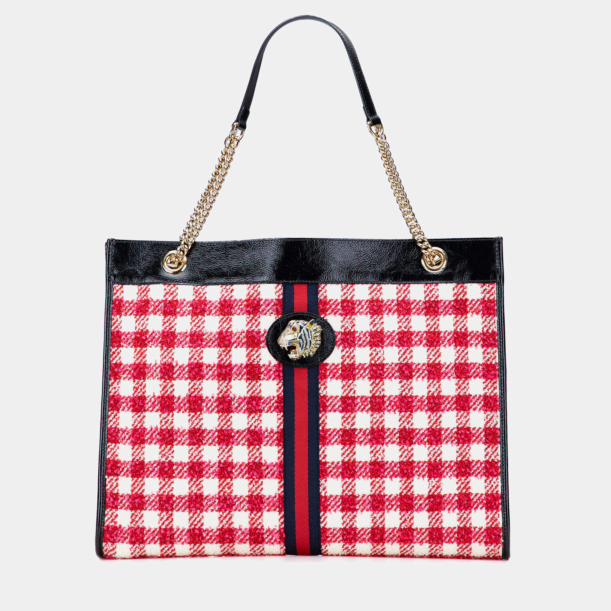 Pre Owned Gucci Red Large Web Tweed Rajah Tote