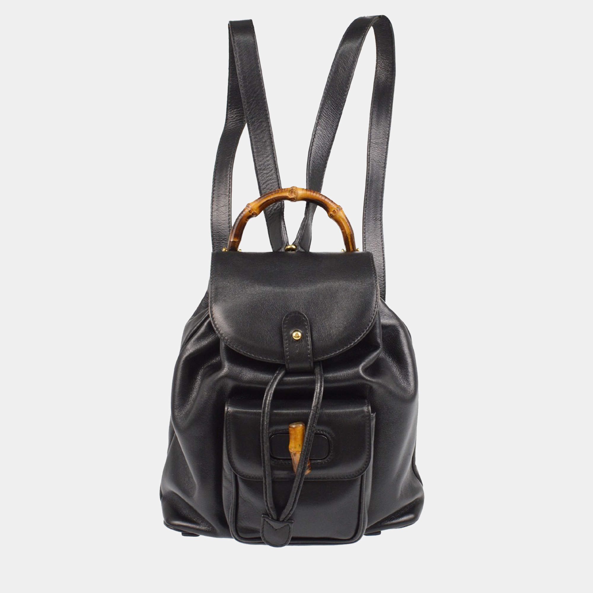 Pre Owned Gucci Bamboo Black Leather Backpack 