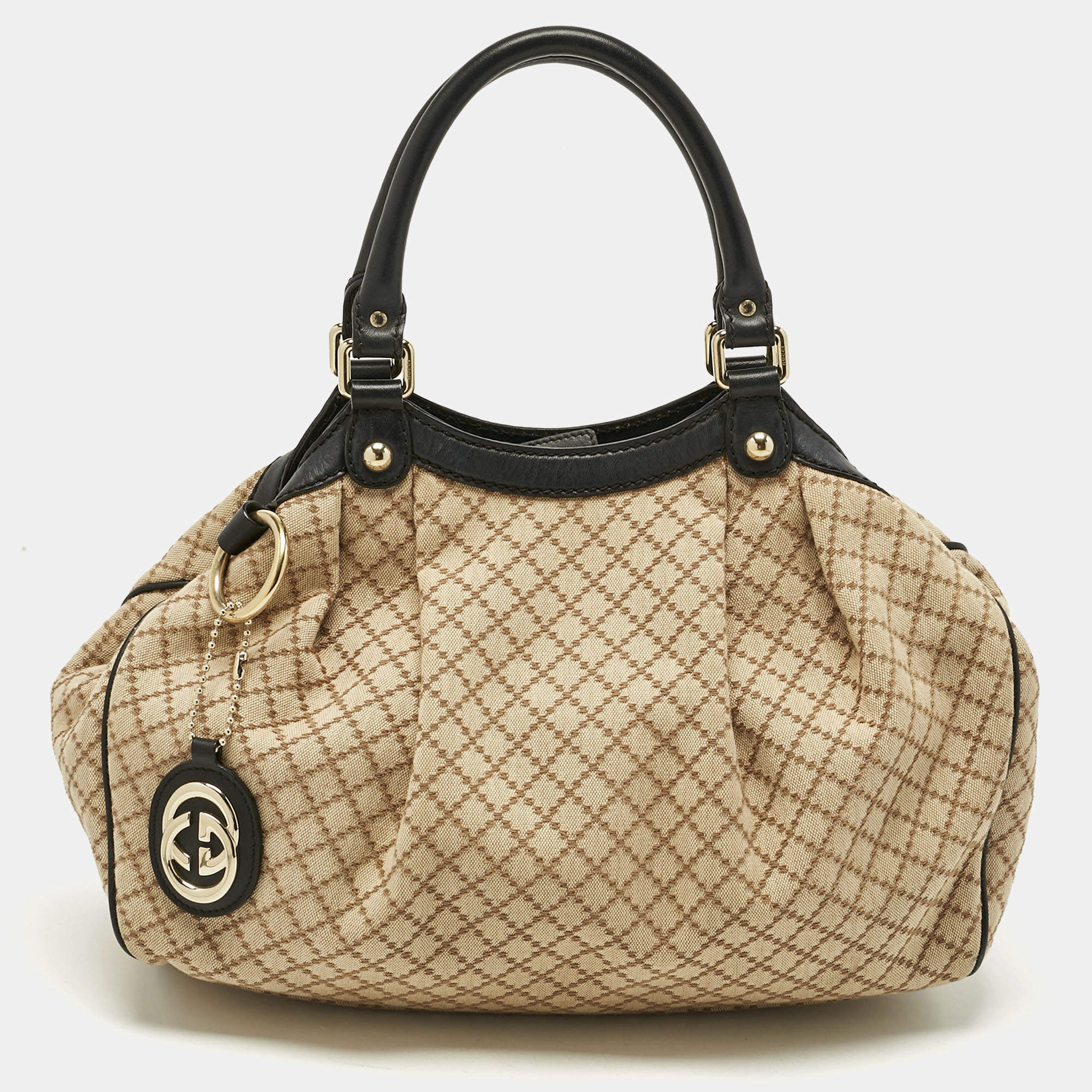 Pre Owned Gucci Black/Beige Diamante Canvas and Leather Medium Sukey Tote
