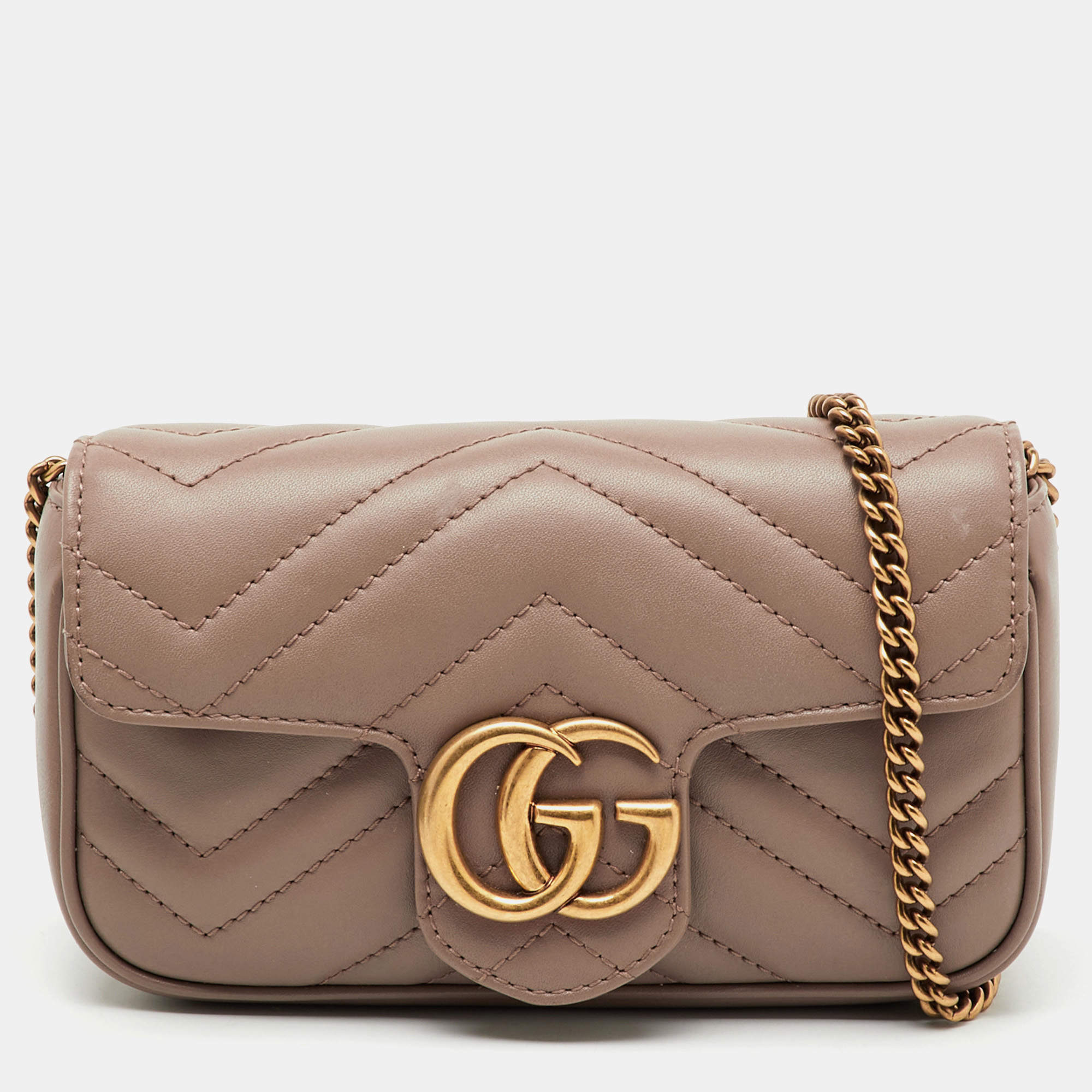 Pre Owned Gucci Light Brown Matelassé Chevron Leather Mini GG Marmont Crossbody Bag