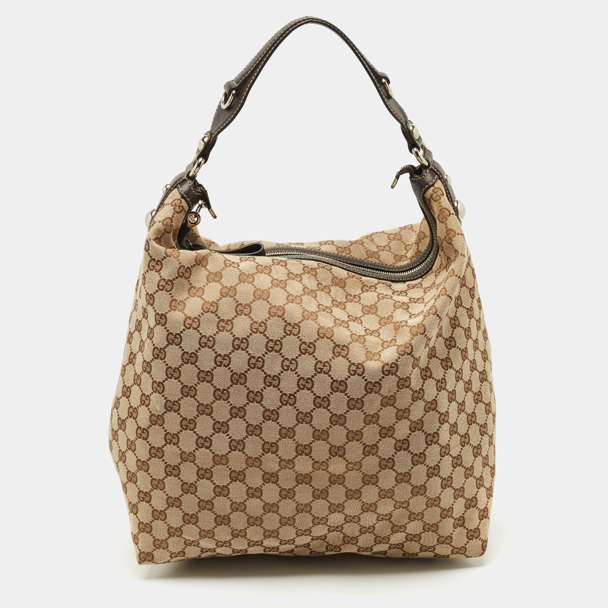 Pre Owned Gucci Beige/Brown GG Canvas and Leather Large Icon Bit Hobo 