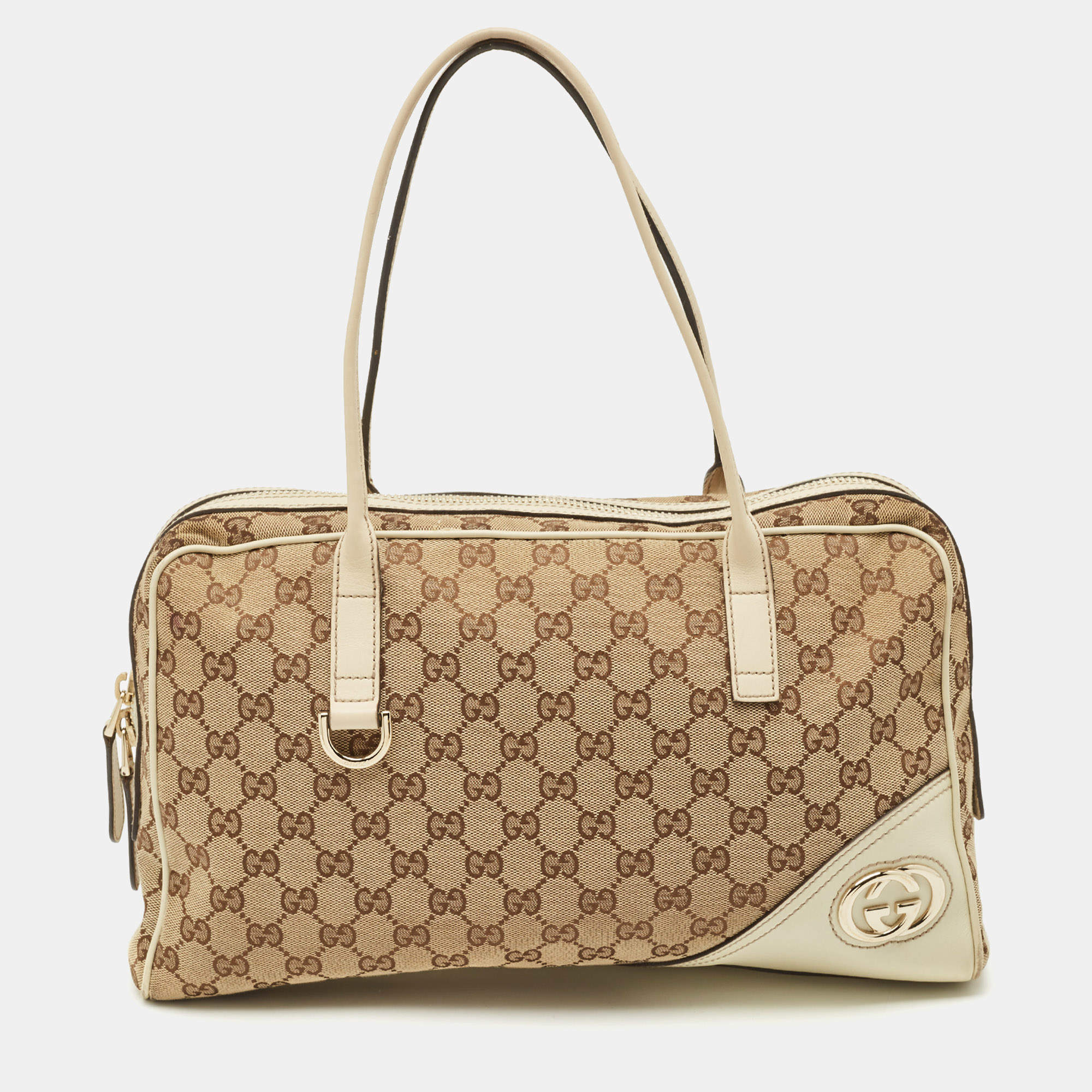 Pre Owned Gucci Beige/Off White GG Canvas and Leather Britt Boston Bag