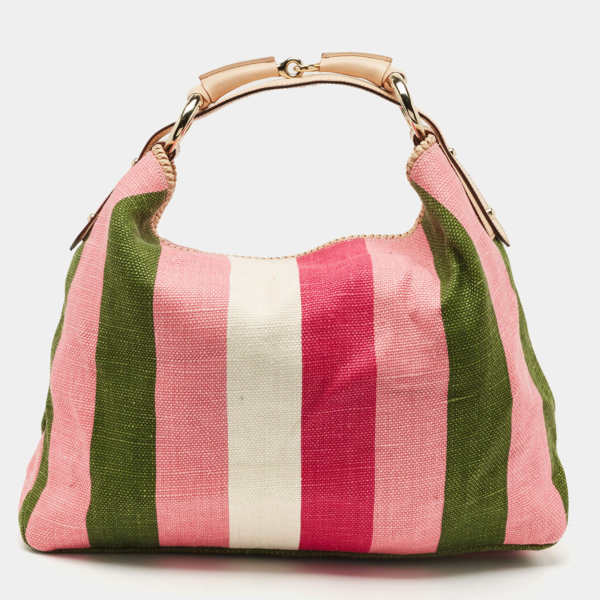 Pre Owned Gucci Multicolor Stripe Canvas and Leather Large Horsebit Handle Bag