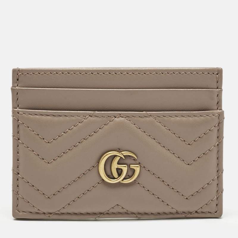 Pre Owned Gucci Dusty Pink Matelassé Leather GG Marmont Card Holder