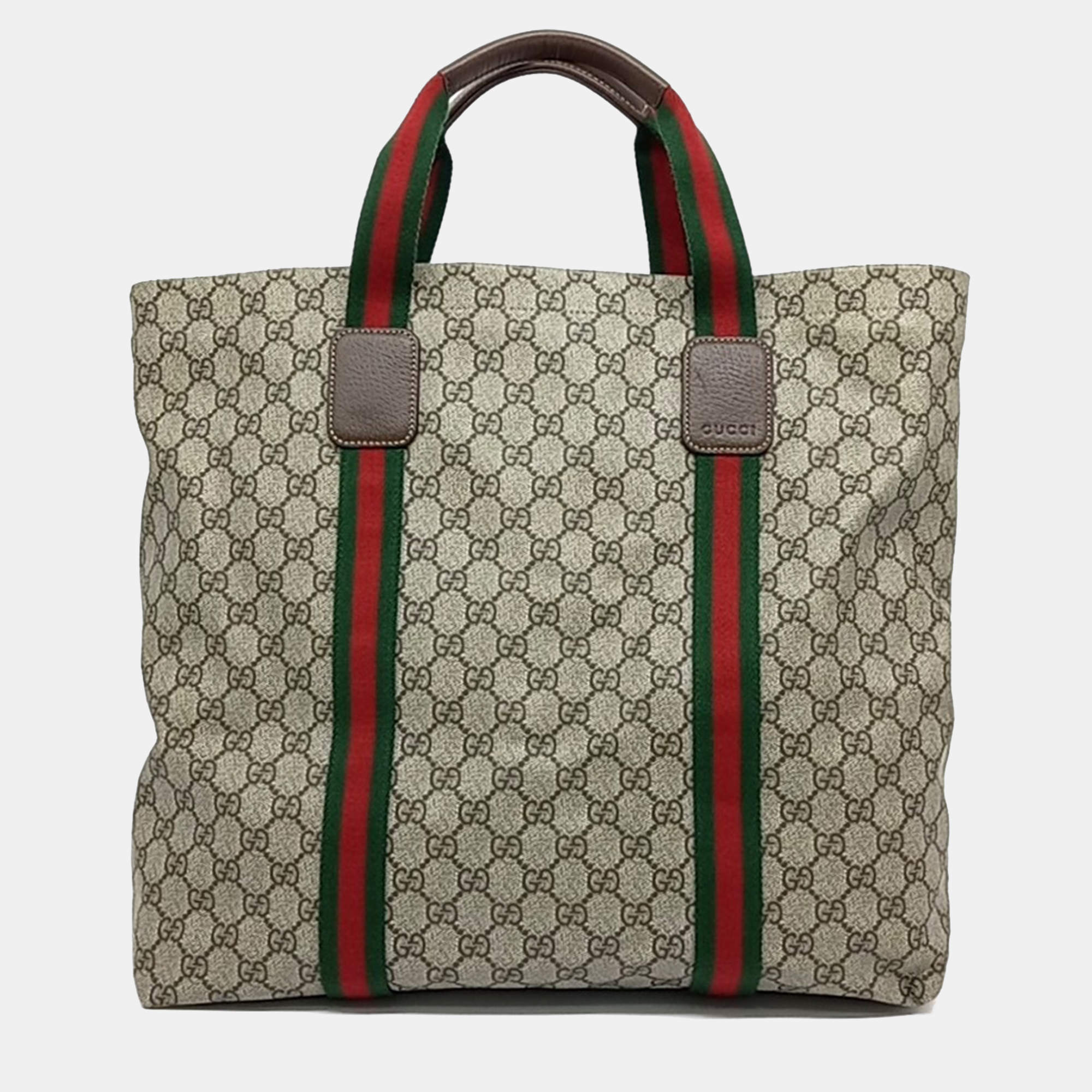 Pre Owned Gucci Beige Brown Coated Canvas Web Tote Bag