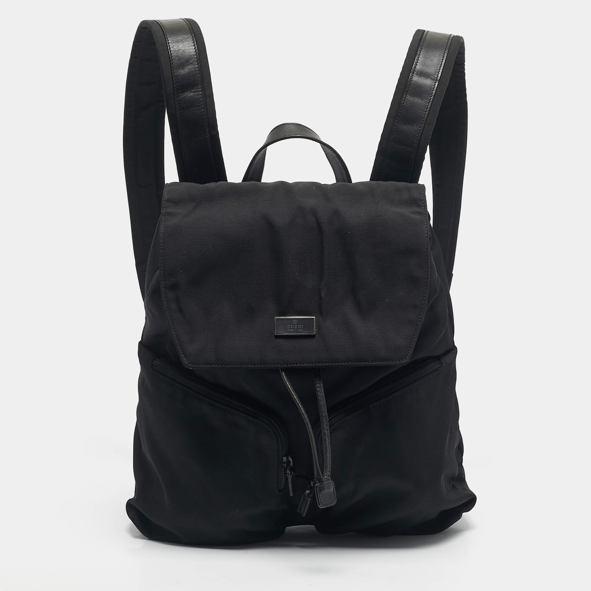 Pre Owned Gucci Black Leather and Nylon Pocket Drawstring Backpack