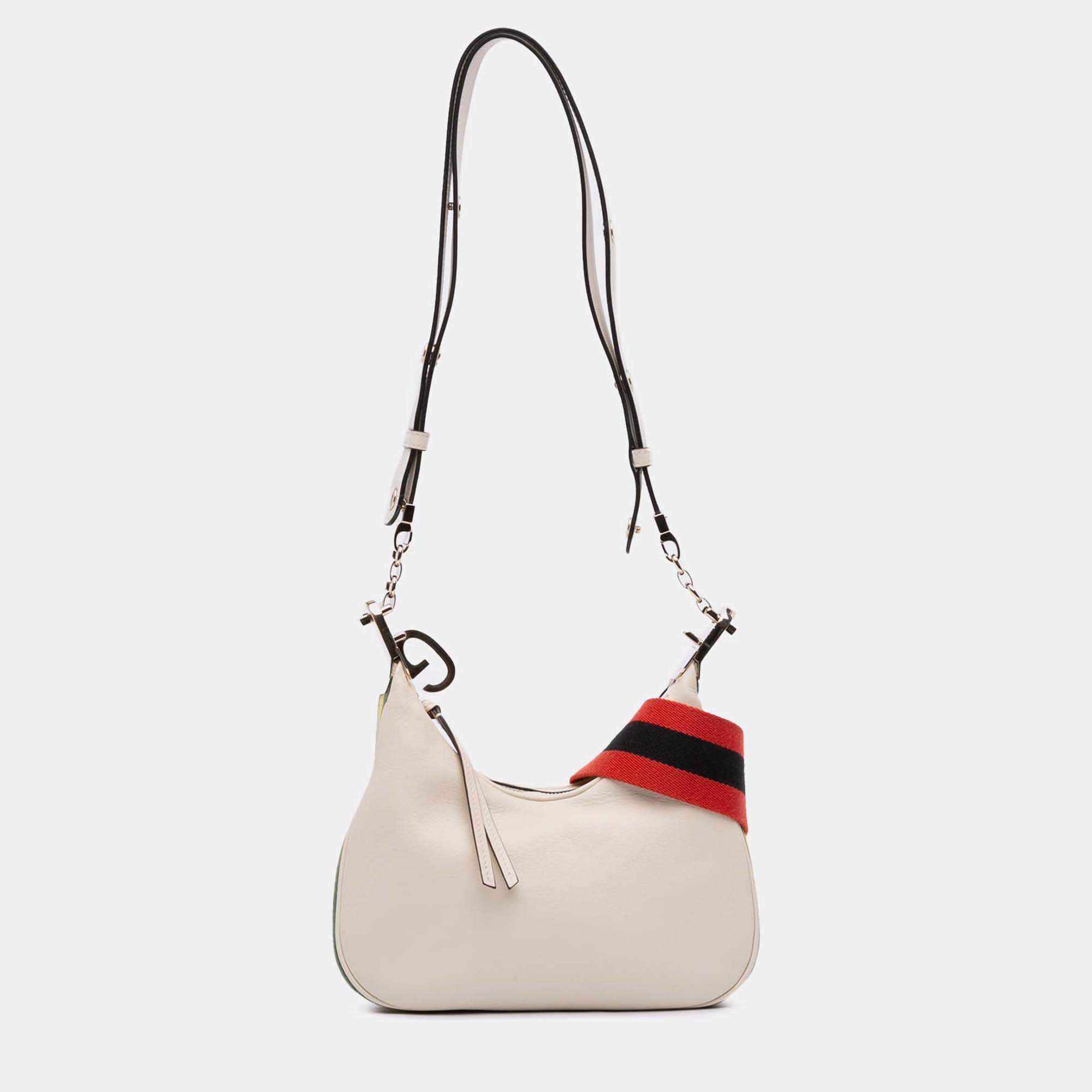 Pre Owned Gucci White Small Leather Web Attache Crossbody