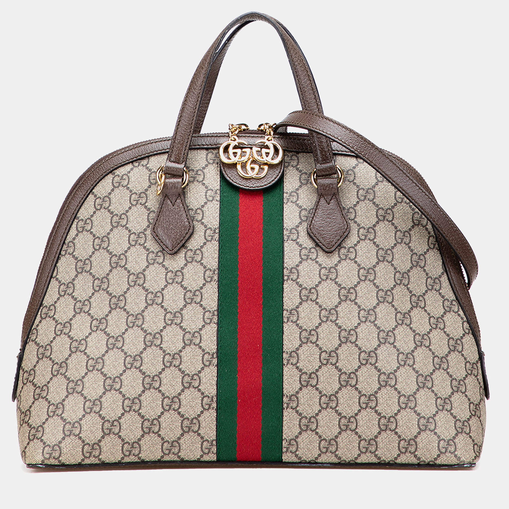Pre Owned Gucci Beige Brown Medium GG Supreme Ophidia Web Satchel