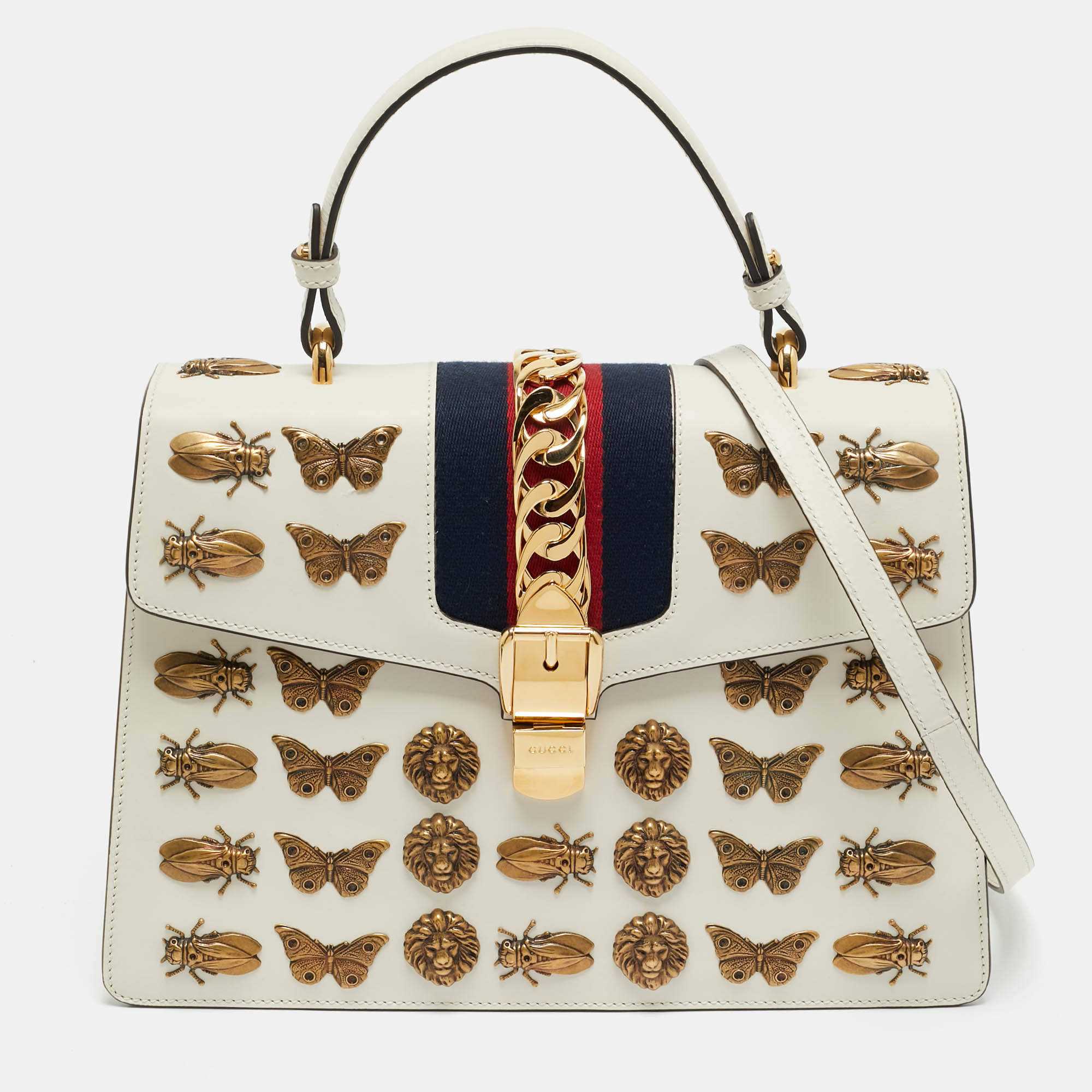 Pre Owned Gucci Off White Leather Medium Embellished Web Sylvie Top Handle Bag