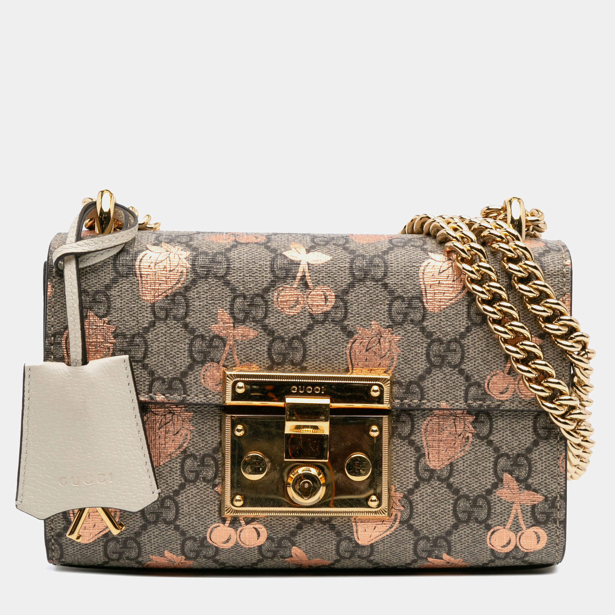 Pre Owned Gucci Beige Brown Small GG Supreme Berry Padlock Crossbody