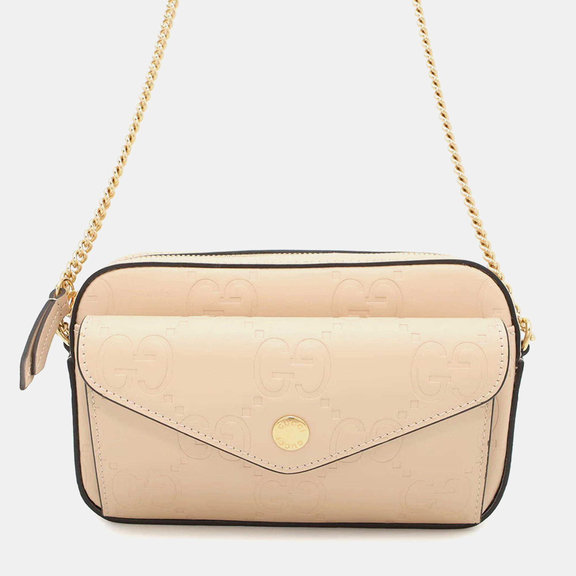 Pre Owned Gucci GG Super Mini Beige Leather Chain Shoulder Bag