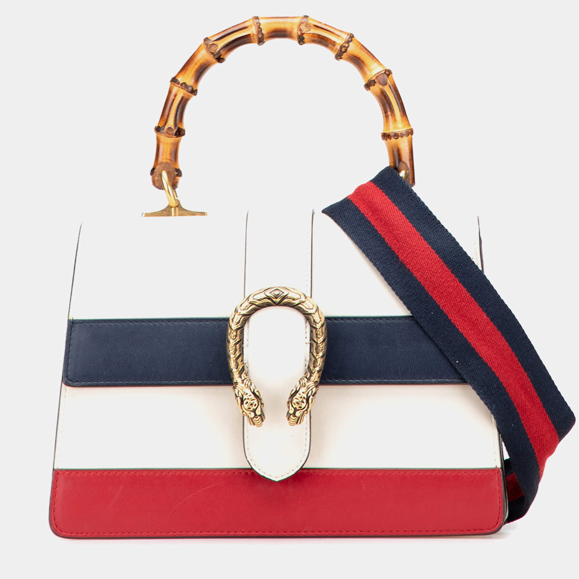 Pre Owned Gucci White Medium Leather Bamboo Dionysus Web Satchel