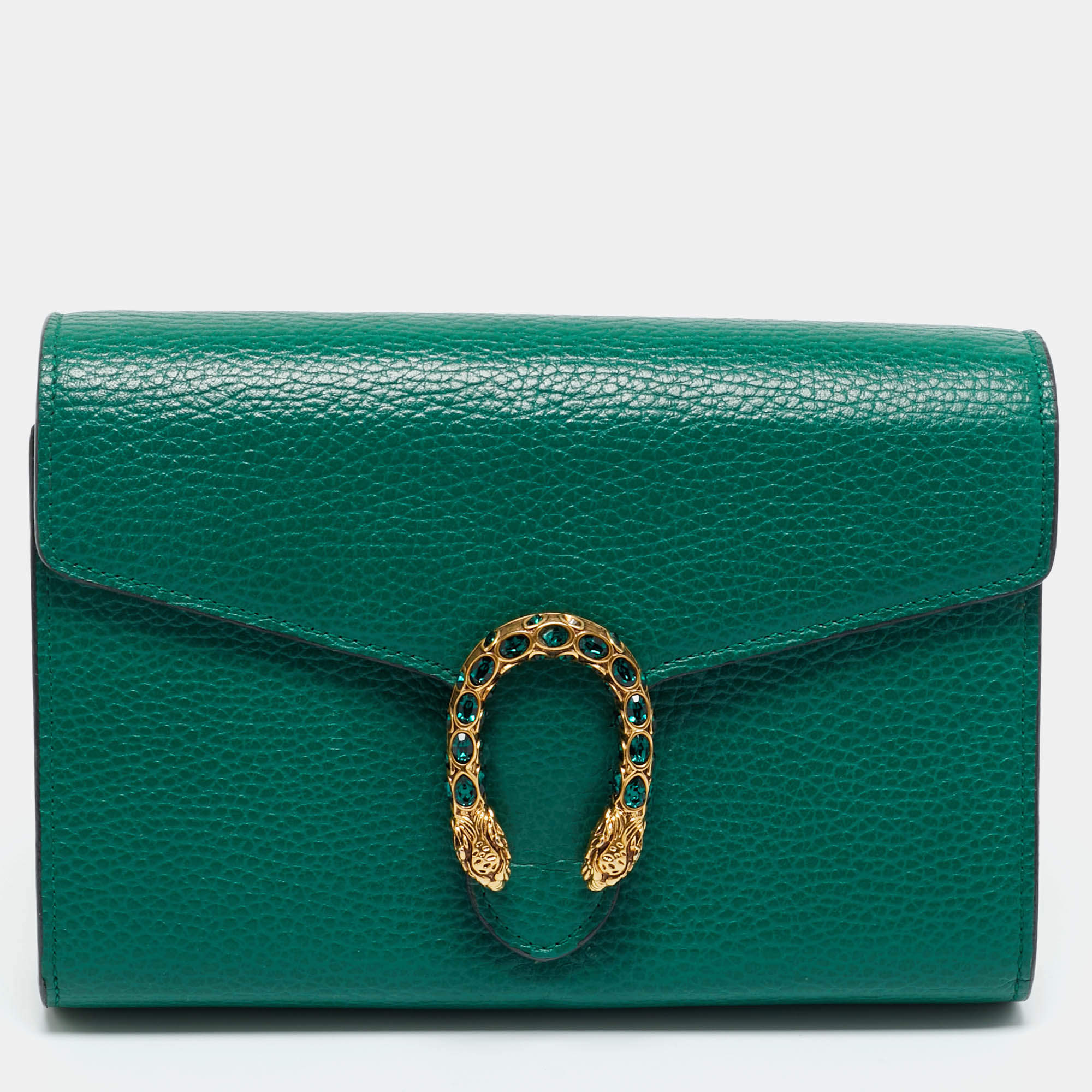 Pre Owned Gucci Green Leather Dionysus Wallet on Chain