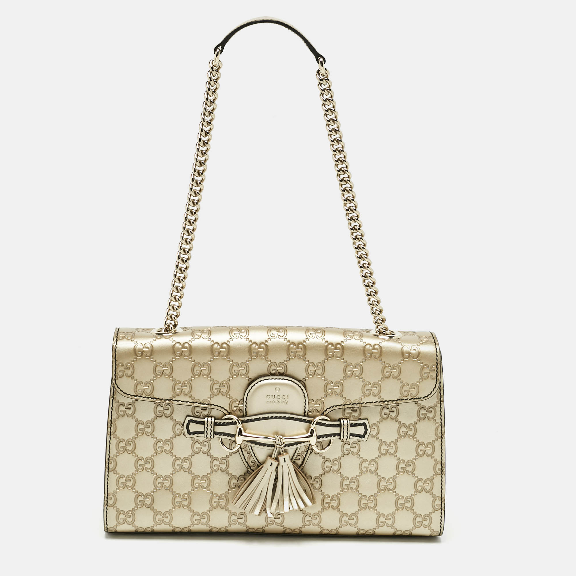 Pre Owned Gucci Pale Gold Guccissima Leather Medium Emily Chain Shoulder Bag