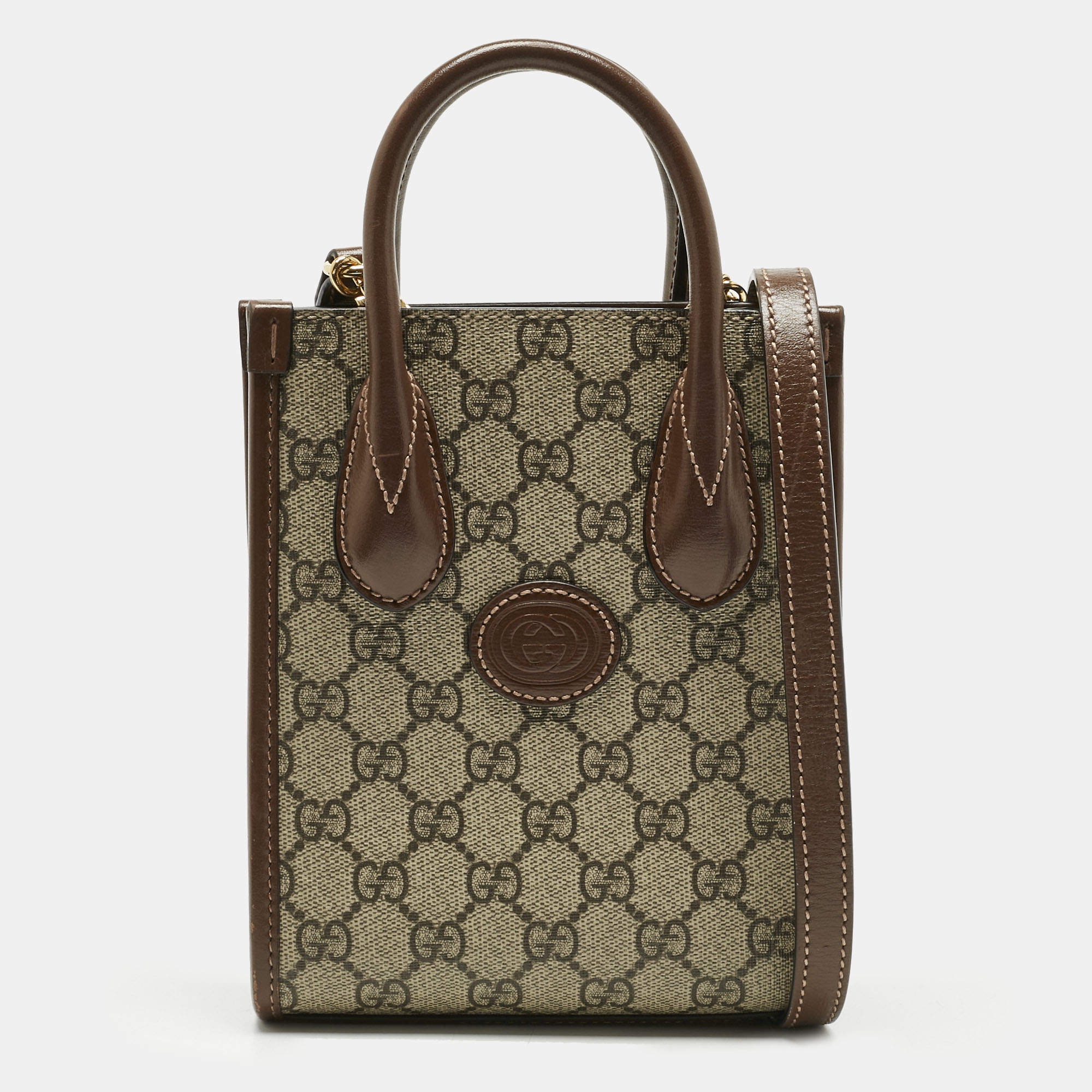 Pre Owned Gucci Beige/Brown GG Supreme Canvas and Leather Mini Interlocking G Tote