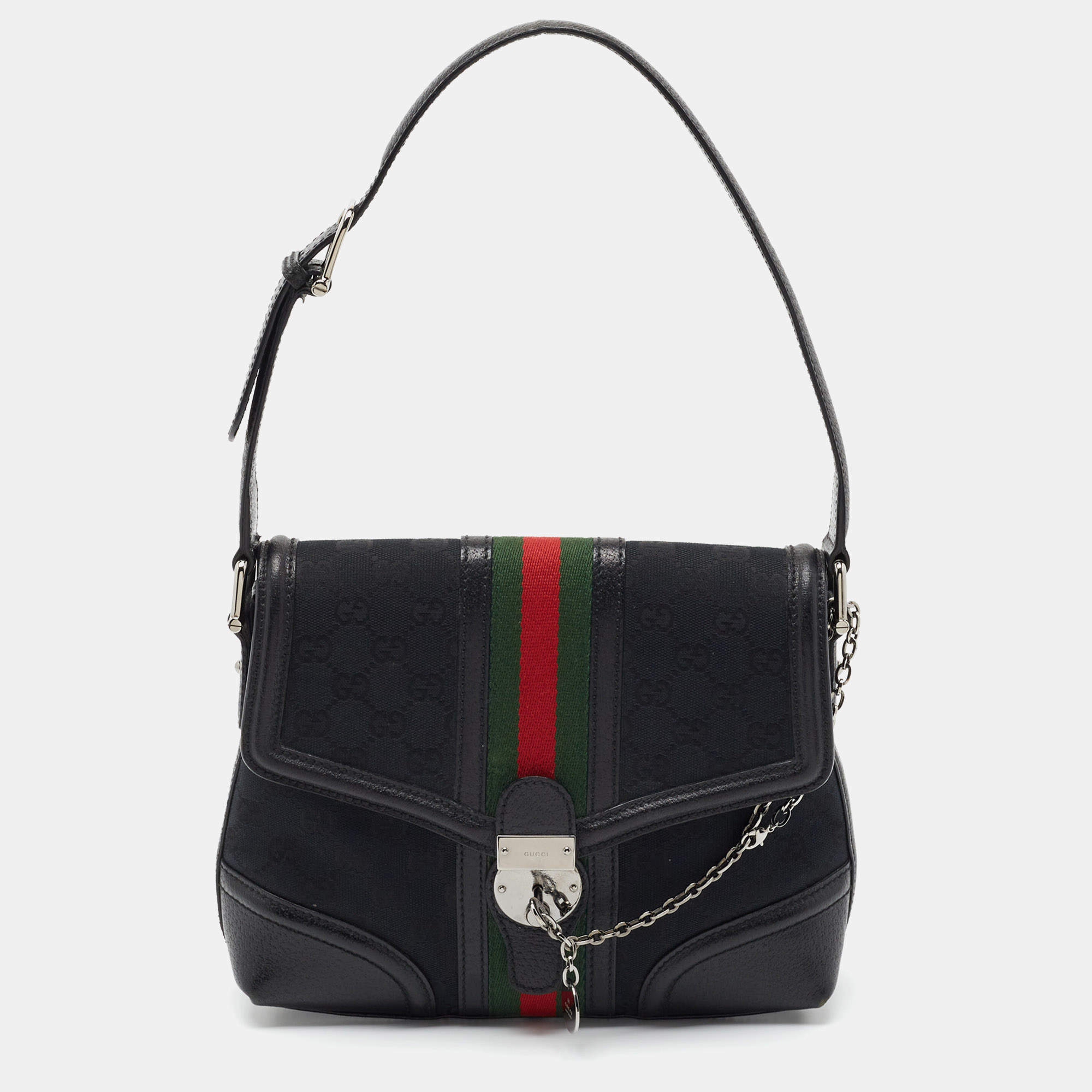 Pre Owned GuccI Black GG Canvas and Leather Web Treasure Shoulder Bag