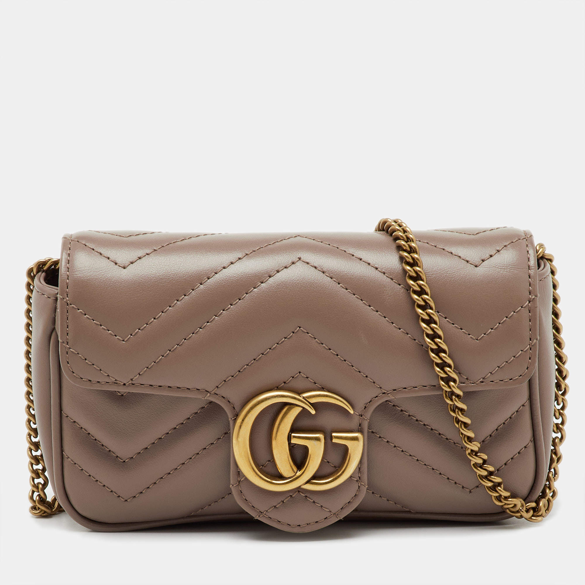 Pre Owned Gucci Old Rose Matelassé Leather Super Mini GG Marmont Shoulder Bag