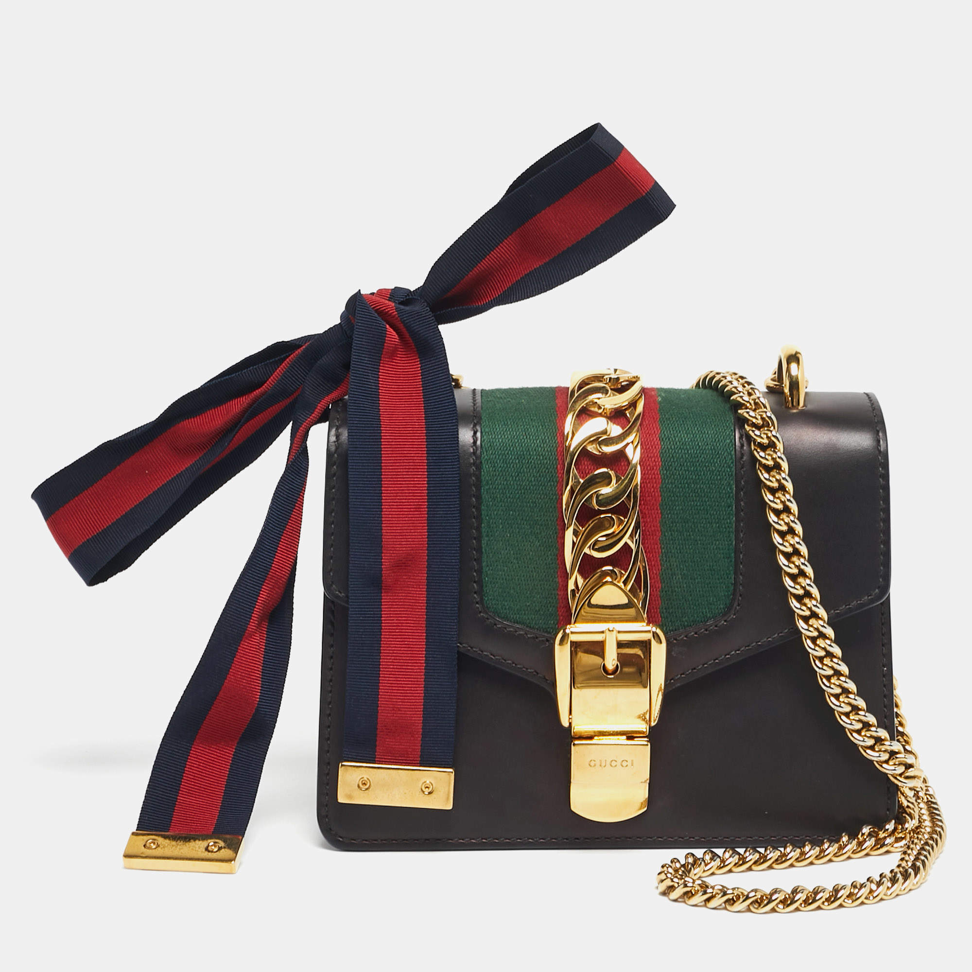 Pre Owned Gucci Black Leather Mini Web Chain Sylvie Shoulder Bag