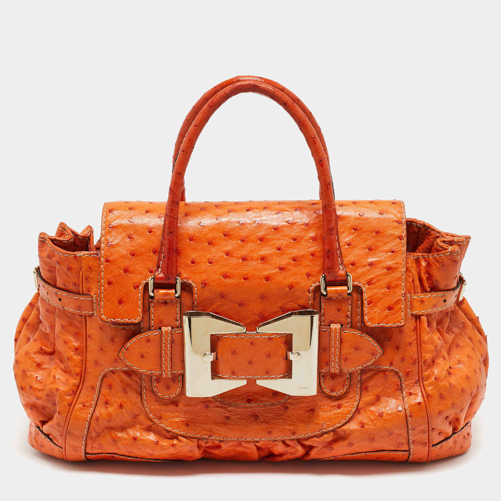 Pre Owned Gucci Orange Ostrich Large Dialux Queen Satchel