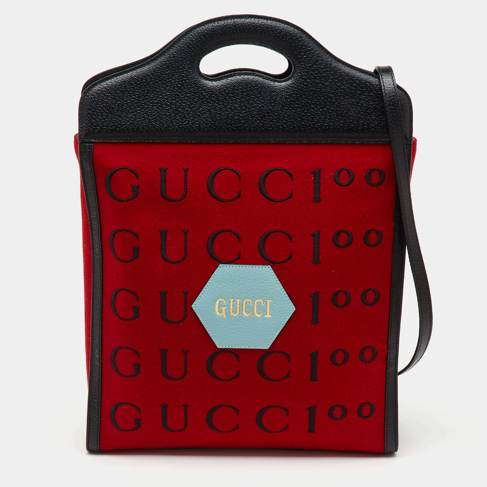 Pre Owned Gucci Red/Black Felt and Leather Script Logo 100 Centennial Tote