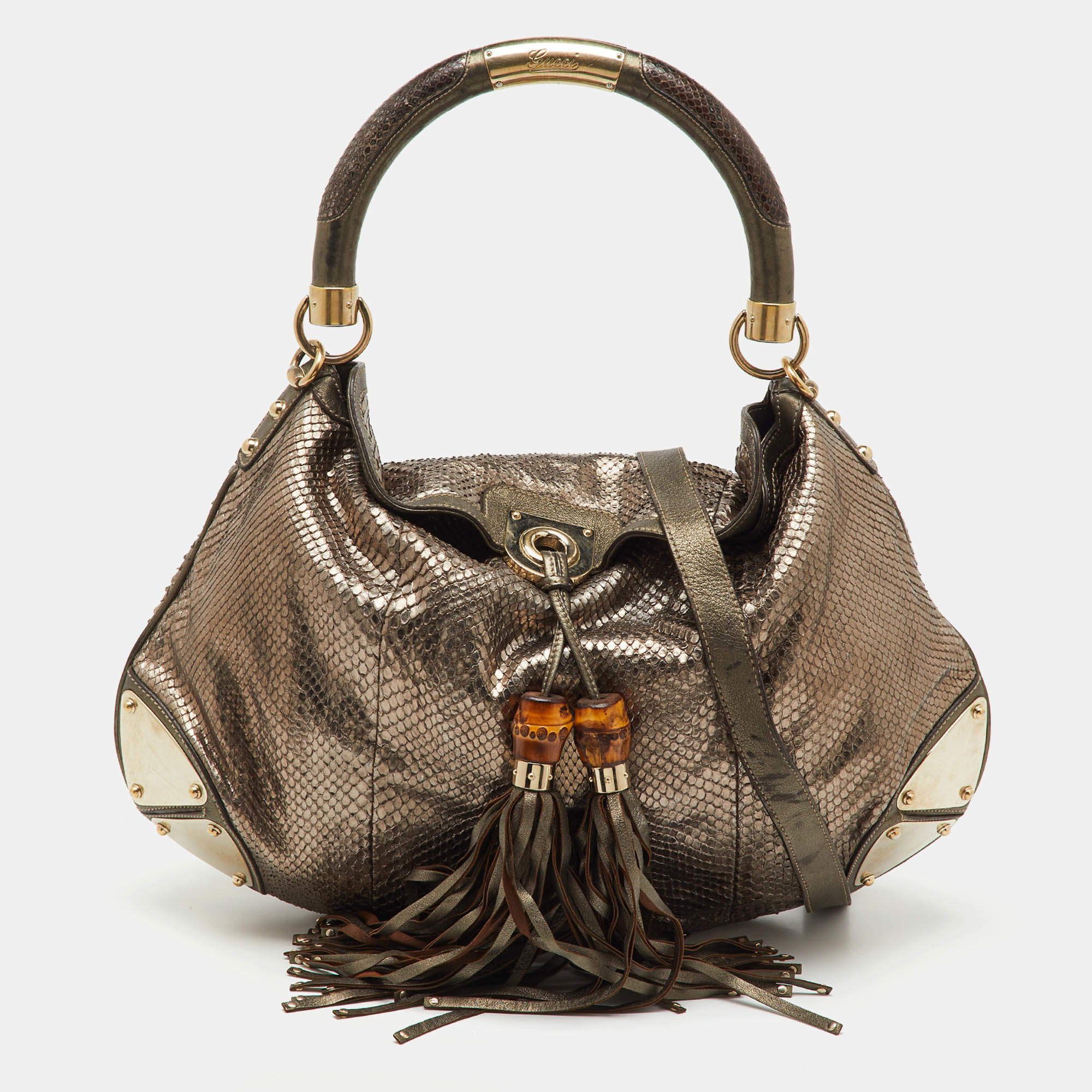 Pre Owned Gucci Metallic Grey Python and Leather Large Babouska Indy Top Handle Bag