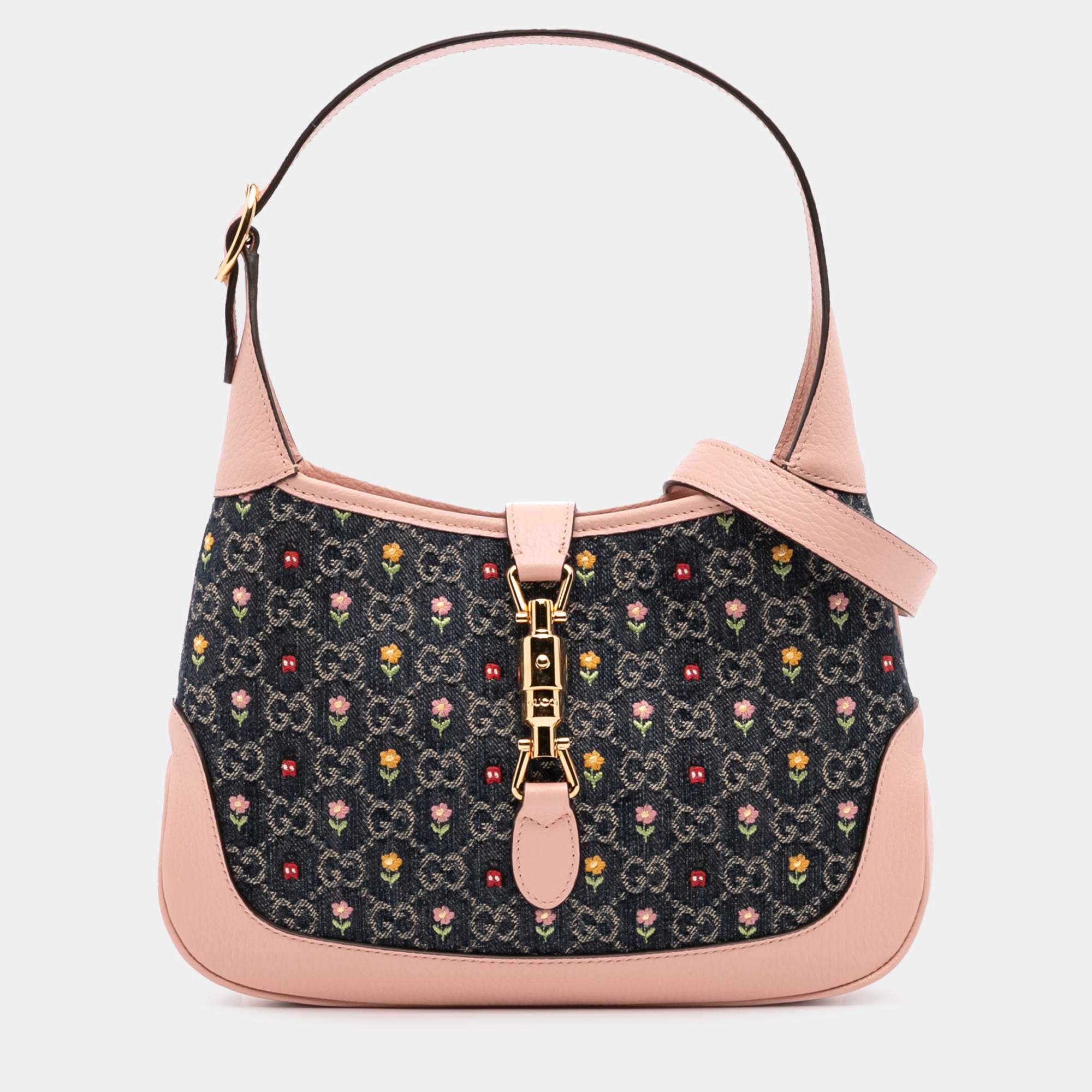 Pre Owned Gucci Blue/Pink Limited Edition Small GG Embroidered Denim Floral Jackie 1961 Crossbody