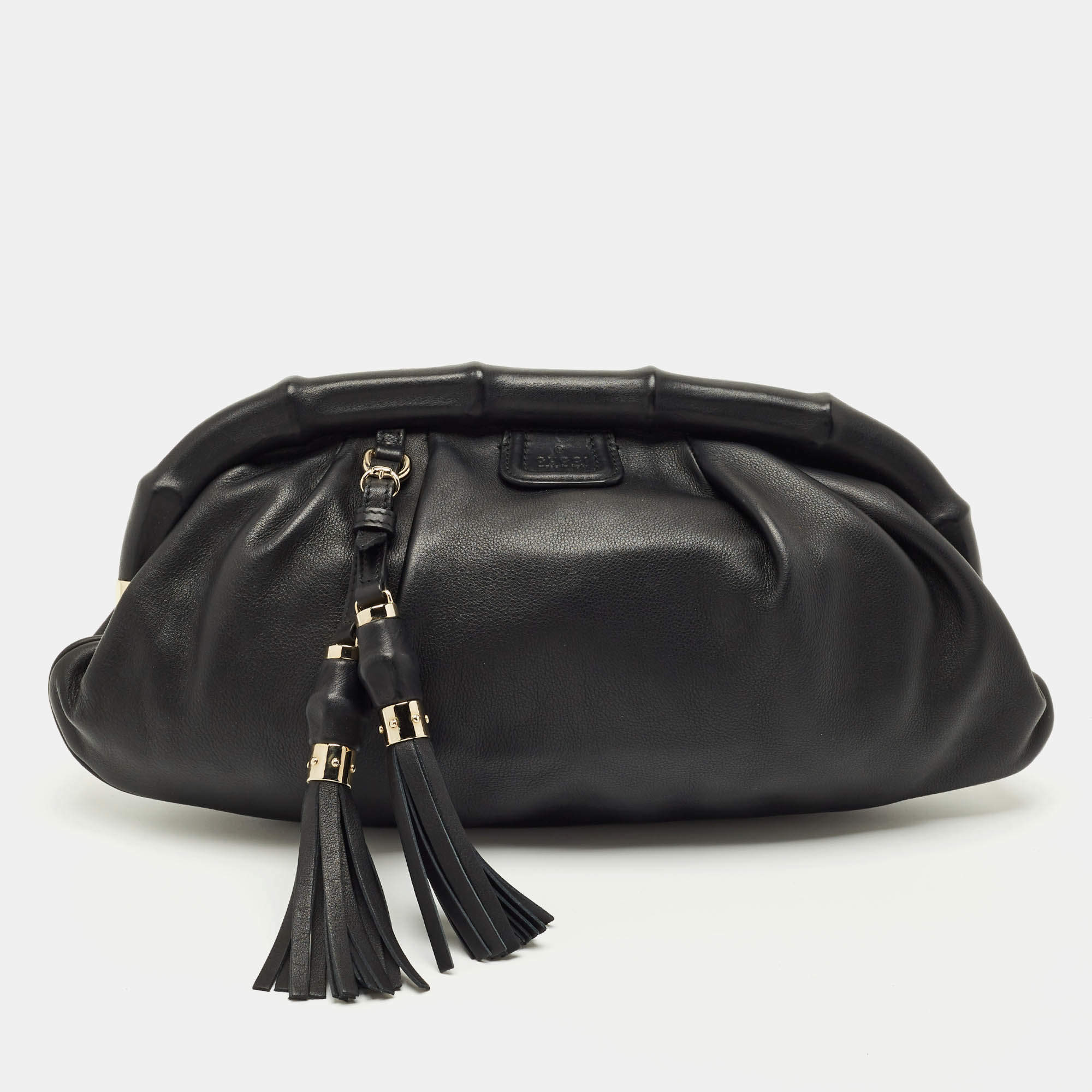 Pre Owned Gucci Black Leather Bamboo Frame Tassel Clutch