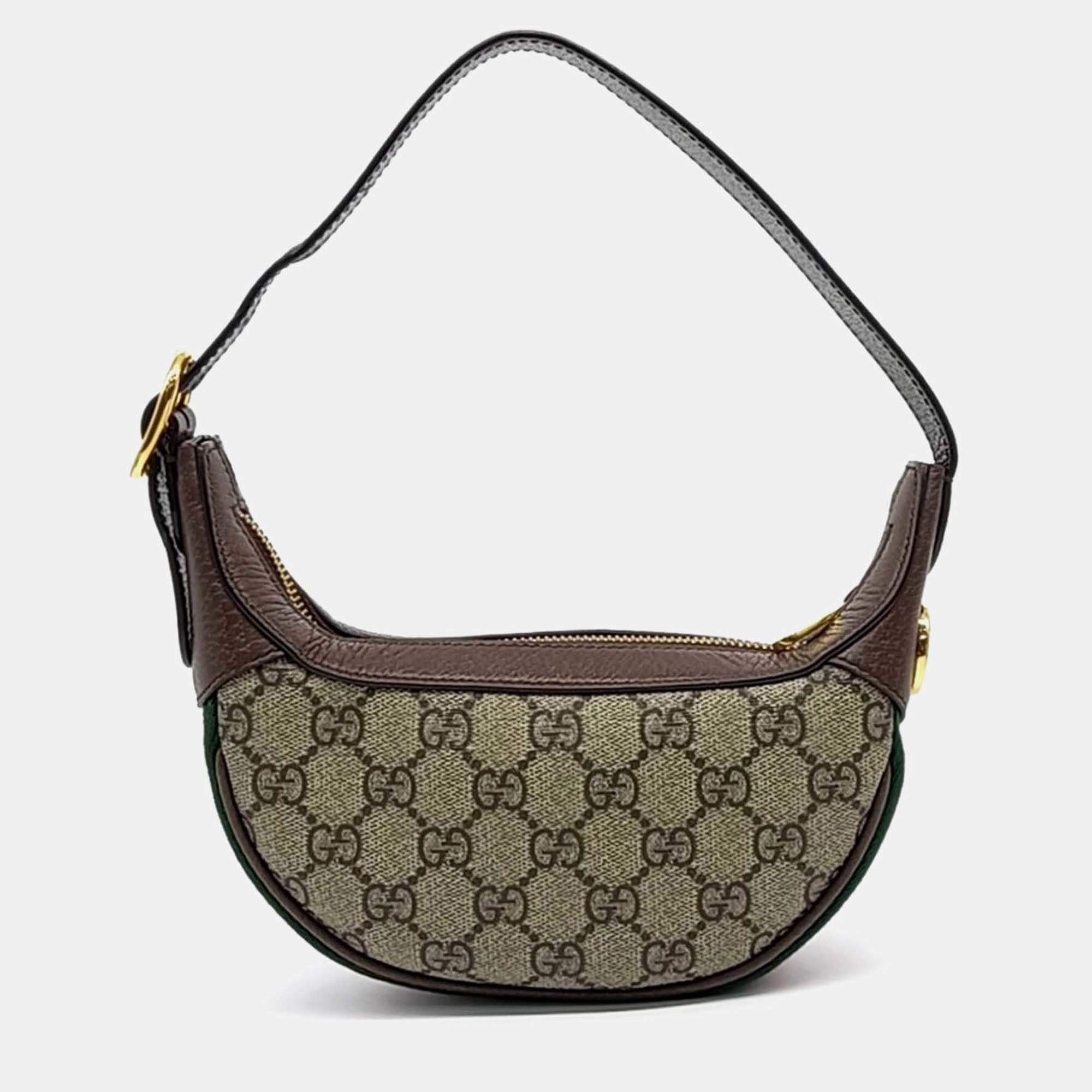 Pre Owned Gucci Beige Brown Leather and PVC Ophidia Hobo Bag