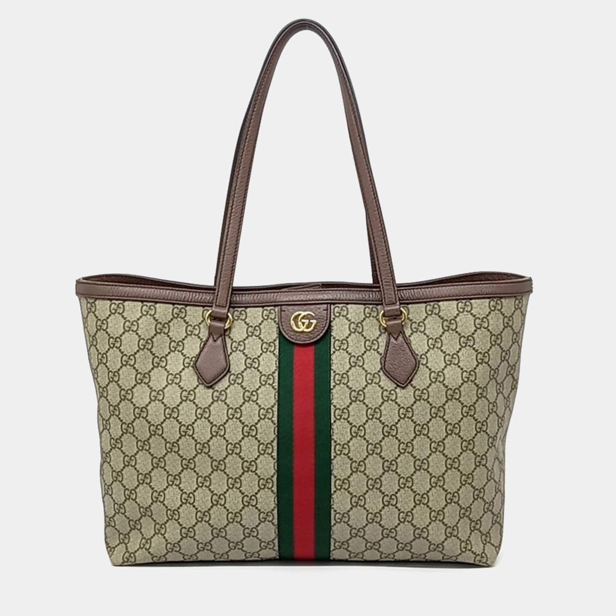 Pre Owned Gucci Beige Brown Leather and PVC Ophidia GG Supreme Shopper Bag