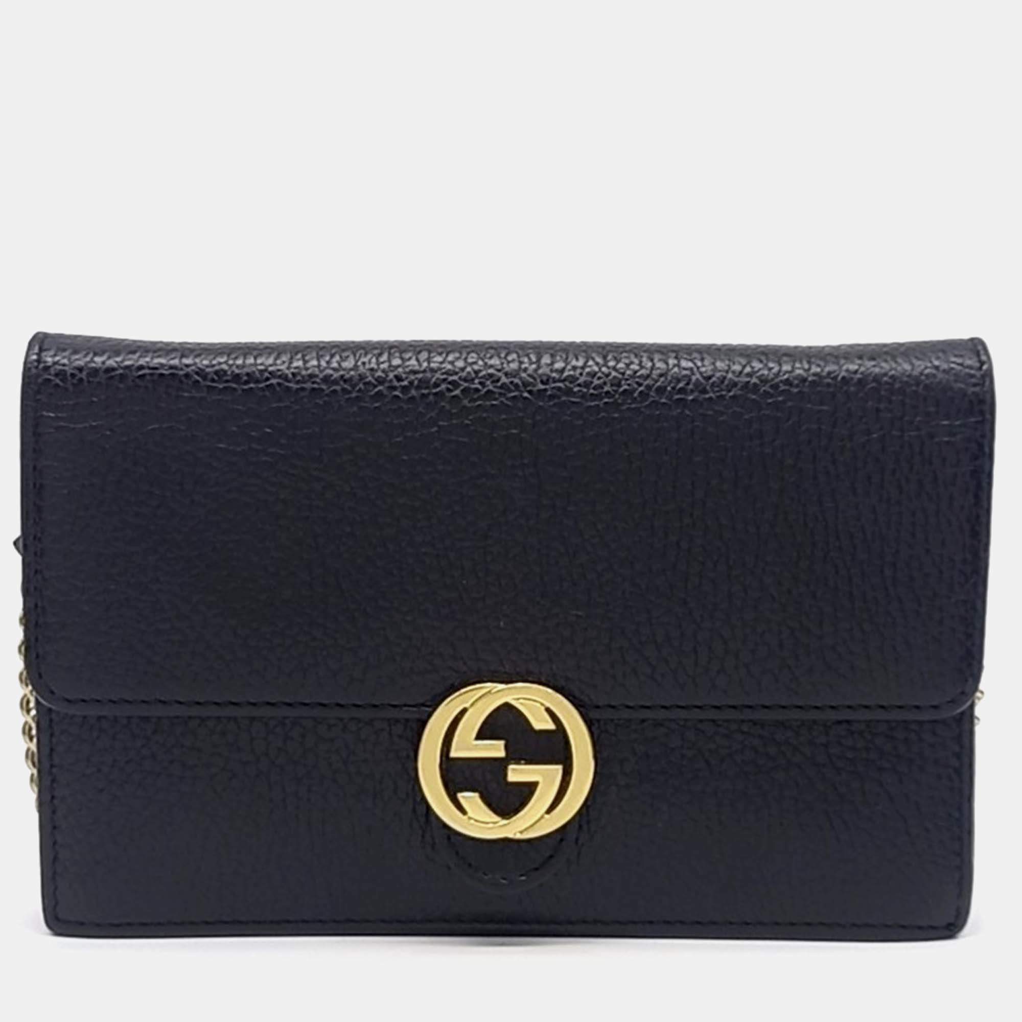 Pre Owned Gucci Black Leather Interlocking Chain Crossbody Bag